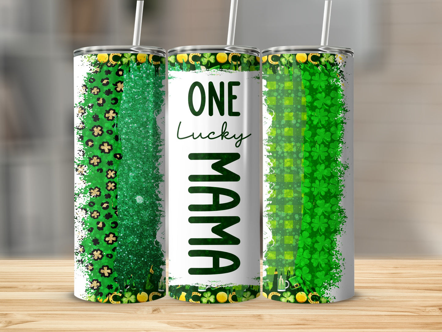 Green lucky clover and leopard print tumbler with "ONE Lucky MAMA" text.