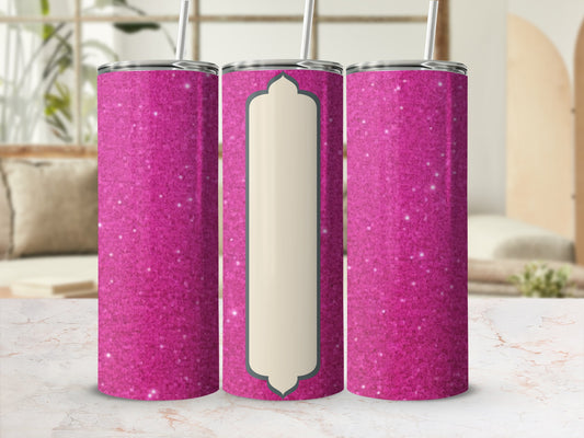 Pink glitter tumbler with cream-colored plaque for customization.
