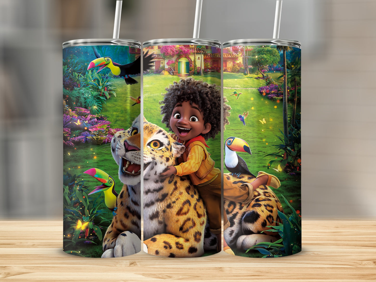 Colorful Jungle Adventure Tumbler with Toucan and Leopard
