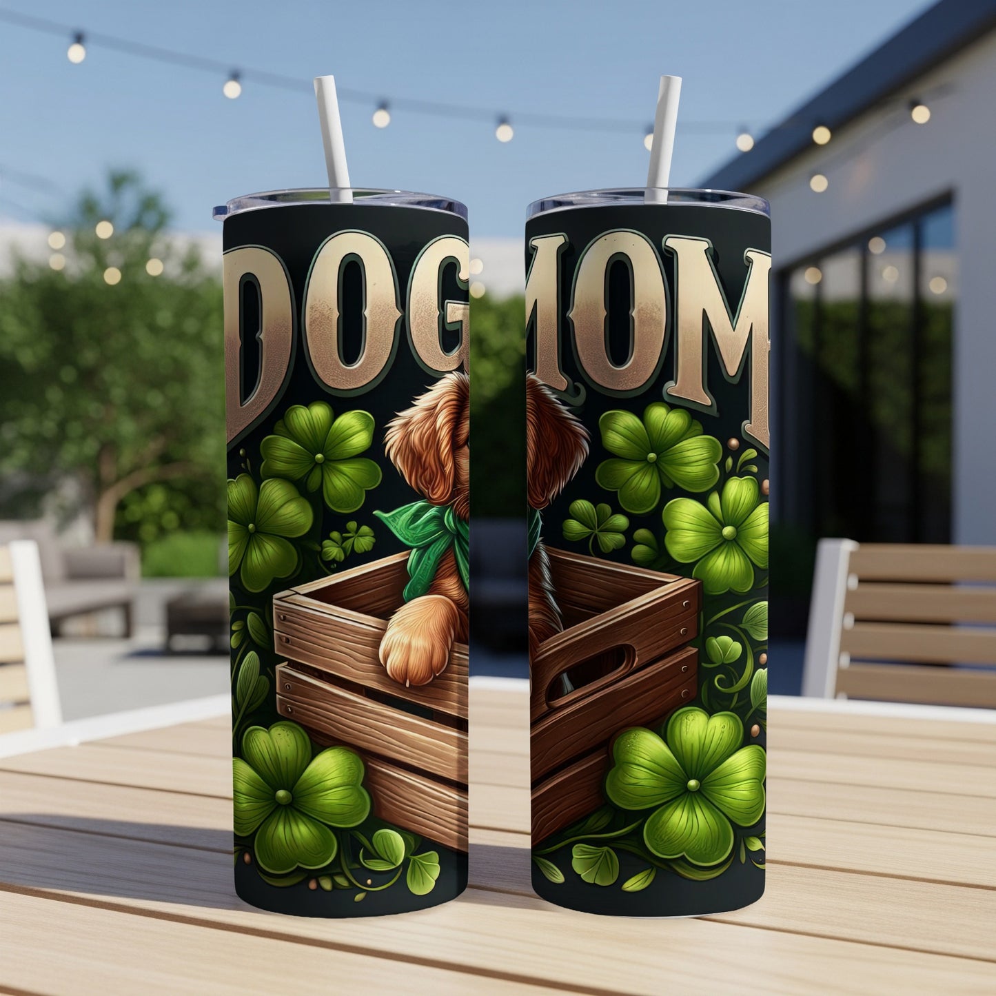 Dog Mom tumbler with a golden retriever puppy in a wooden crate, surrounded by shamrocks.
