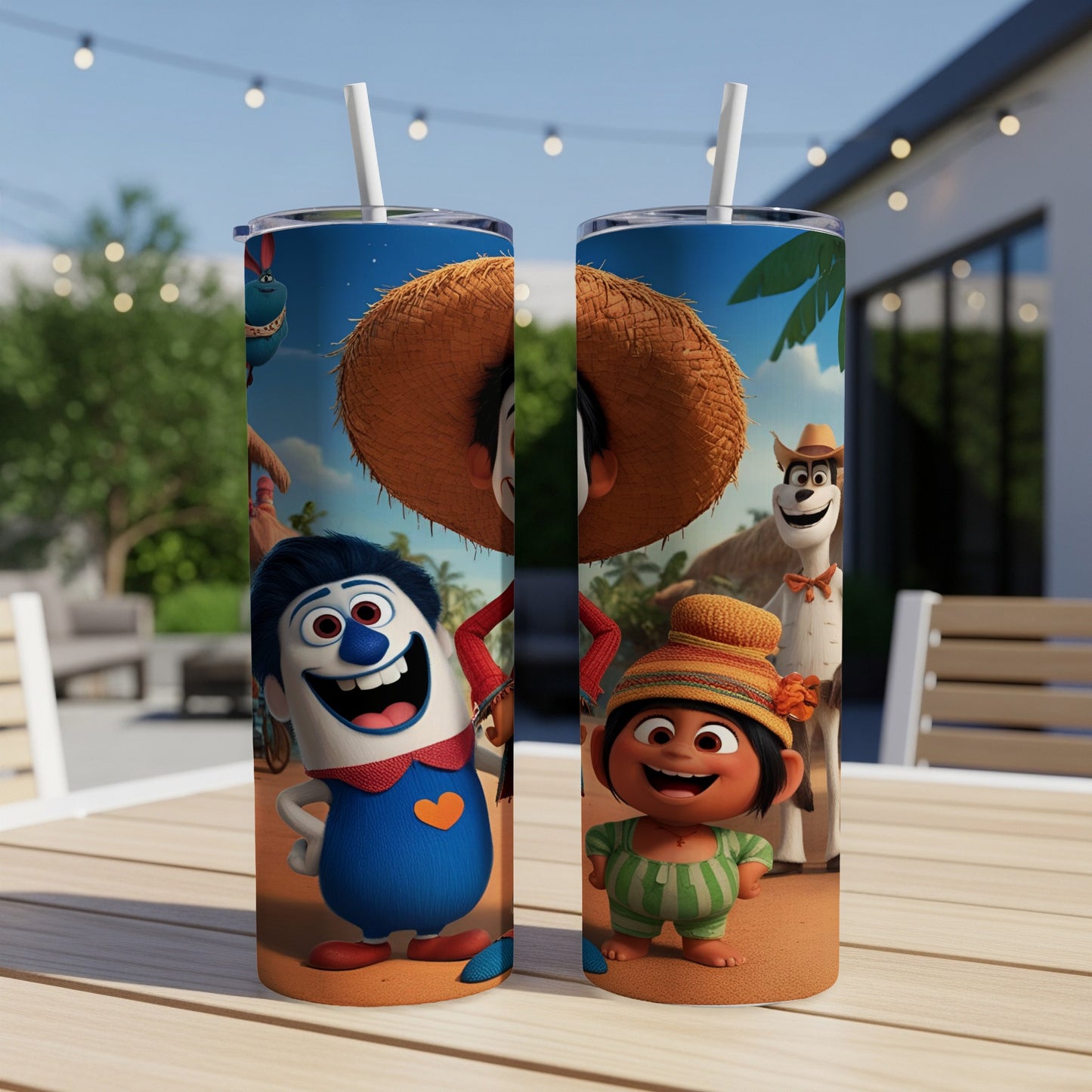 Two cartoon characters, a blue boy and a girl in green, on a patterned tumbler.