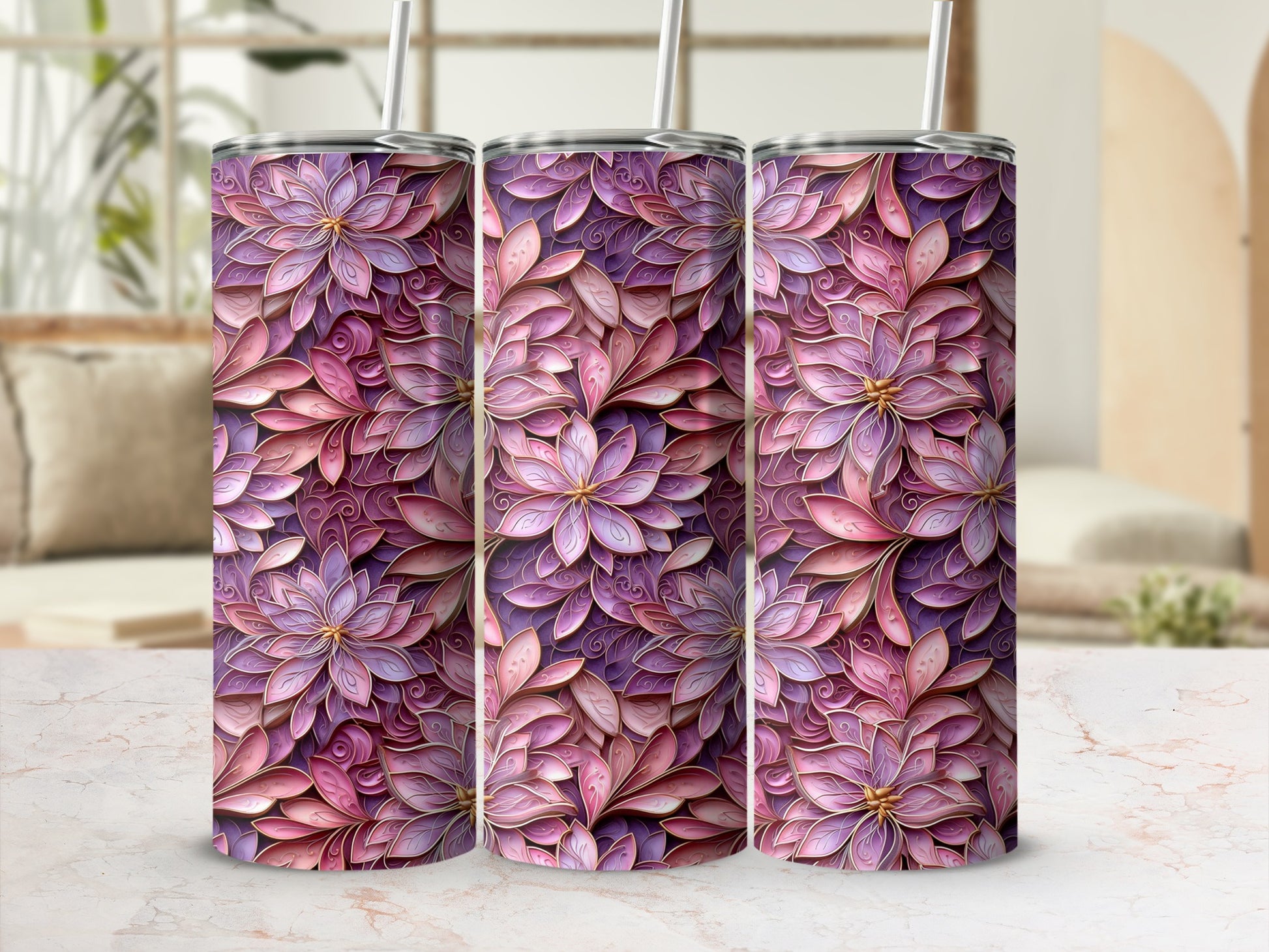 Purple Floral Design High-Quality Insulated Tumbler