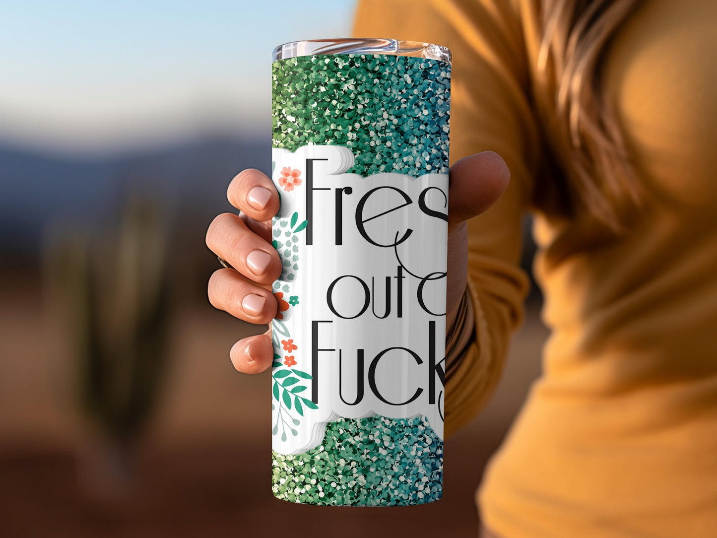 Fresh Out of Fucks Tumbler with Floral and Glitter Design