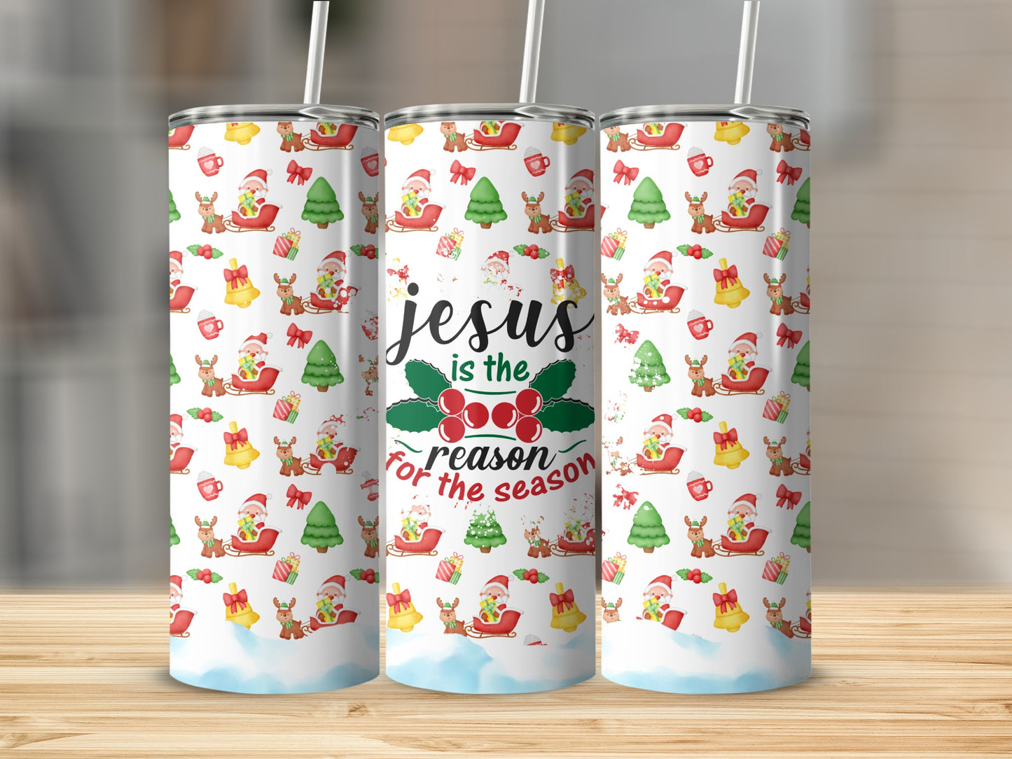 Christmas tumbler with Santa, reindeer, and trees pattern and "Jesus is the reason for the season" text.