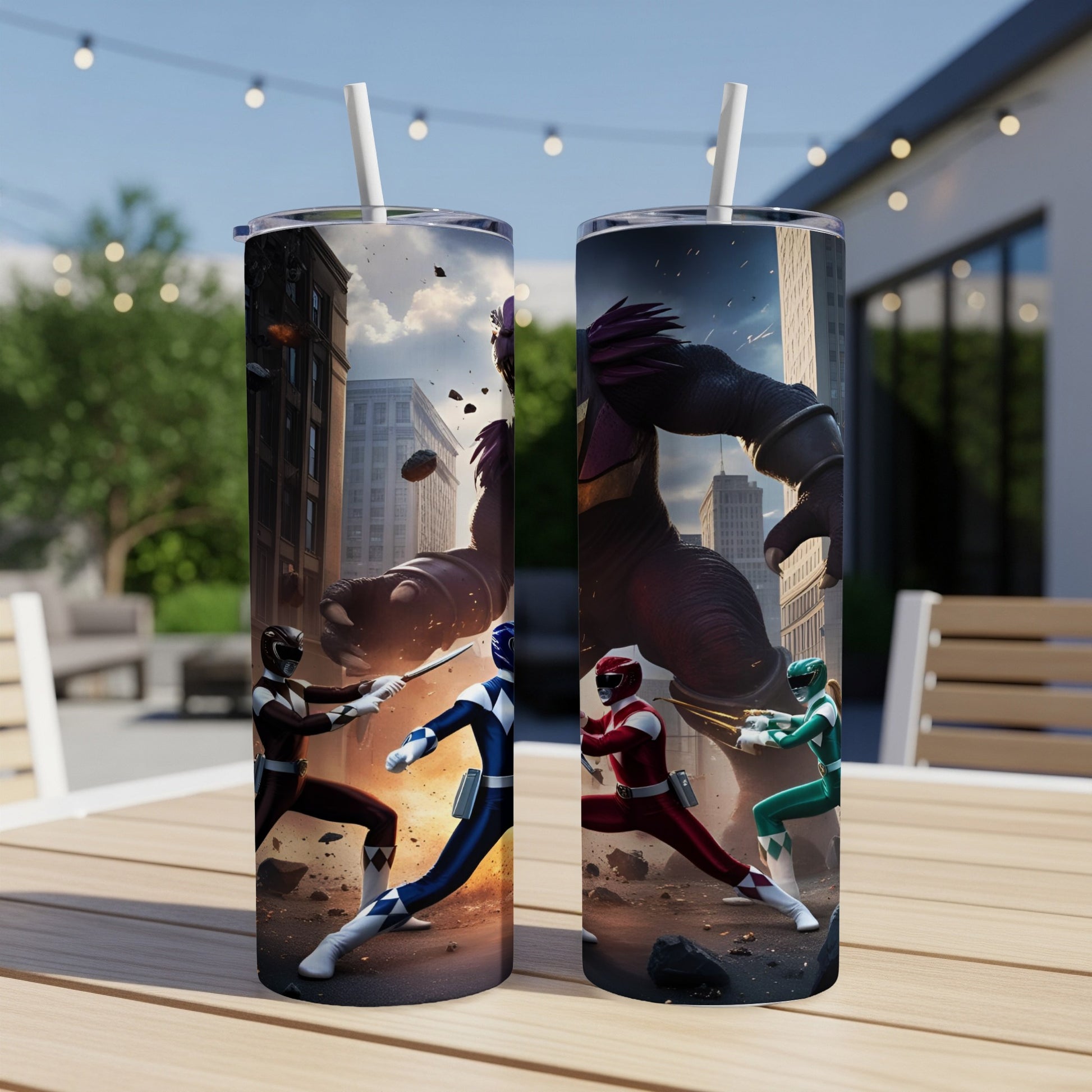 Two Power Rangers action scene on a double-walled tumbler.