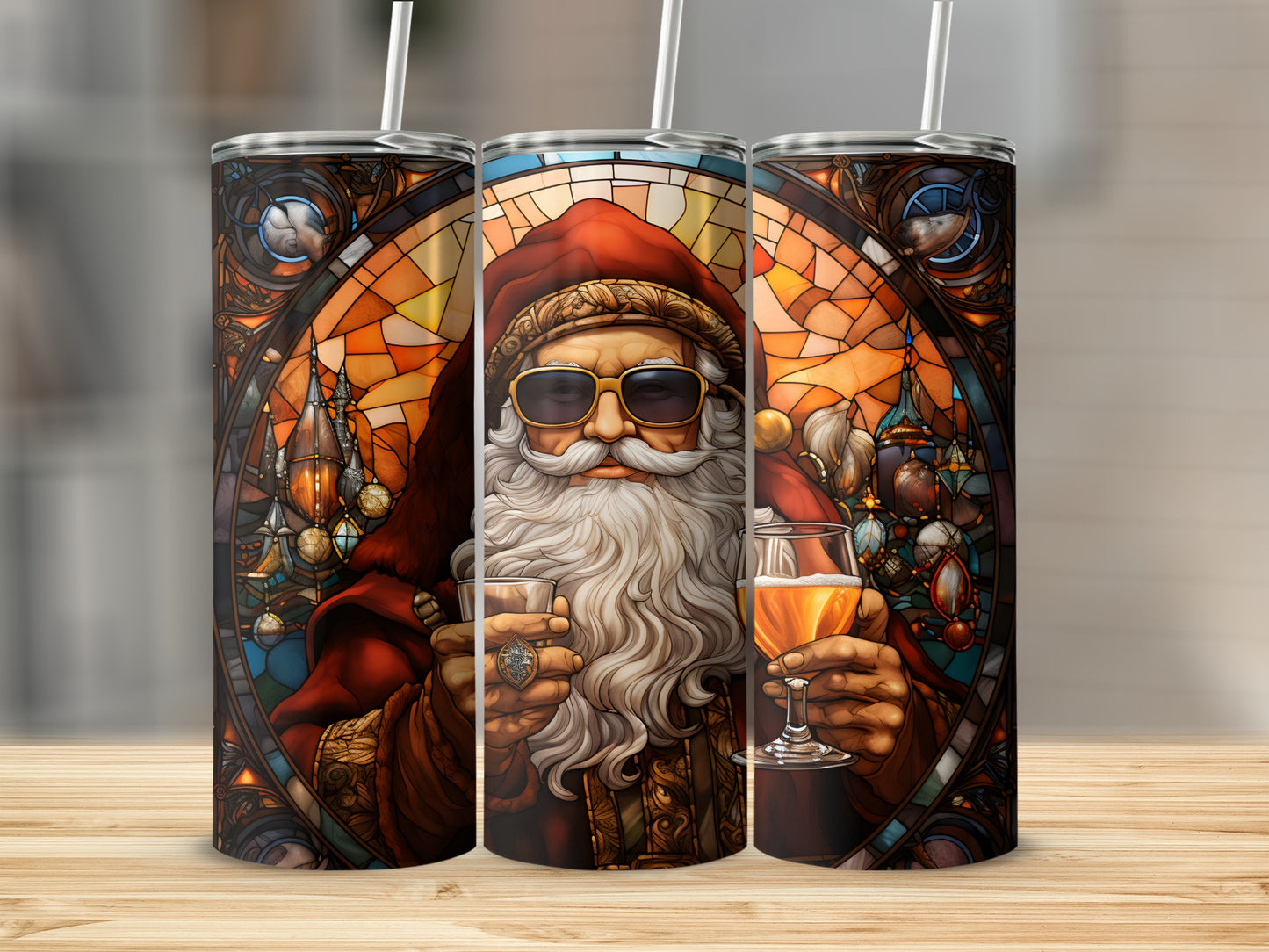 Santa Claus in sunglasses holding drinks, with stained glass background.