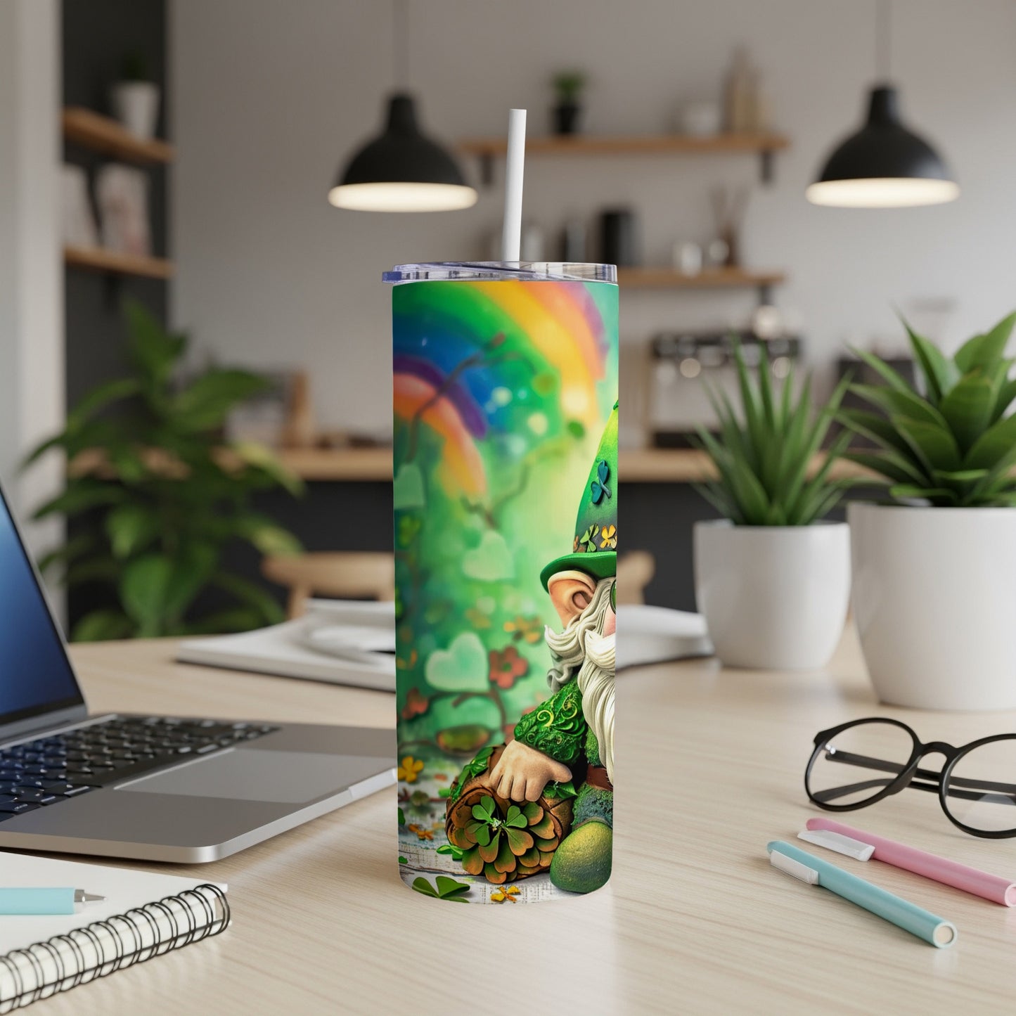 St. Patrick's Day tumbler with gnome, shamrocks, and rainbow design.