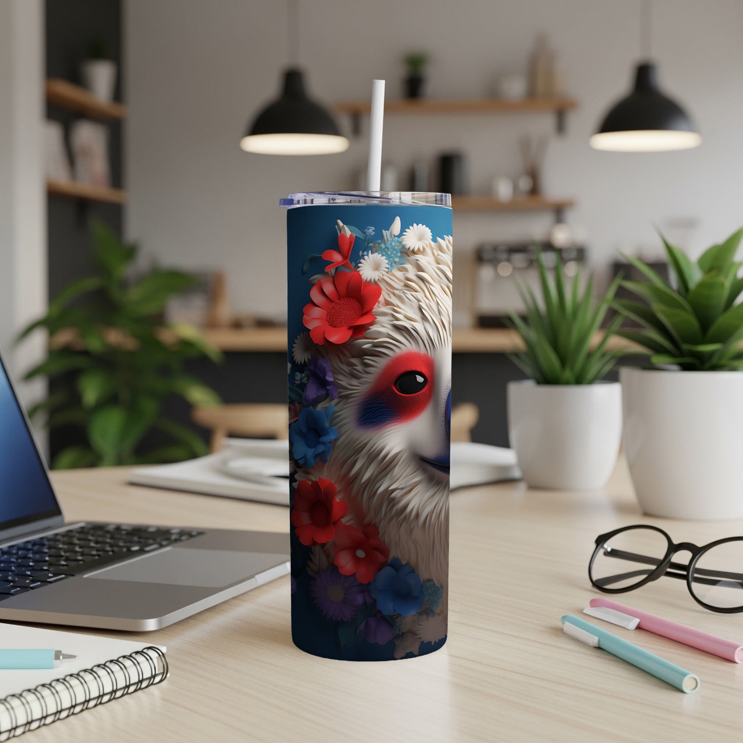 Sloth tumbler with floral accents and a blue background.