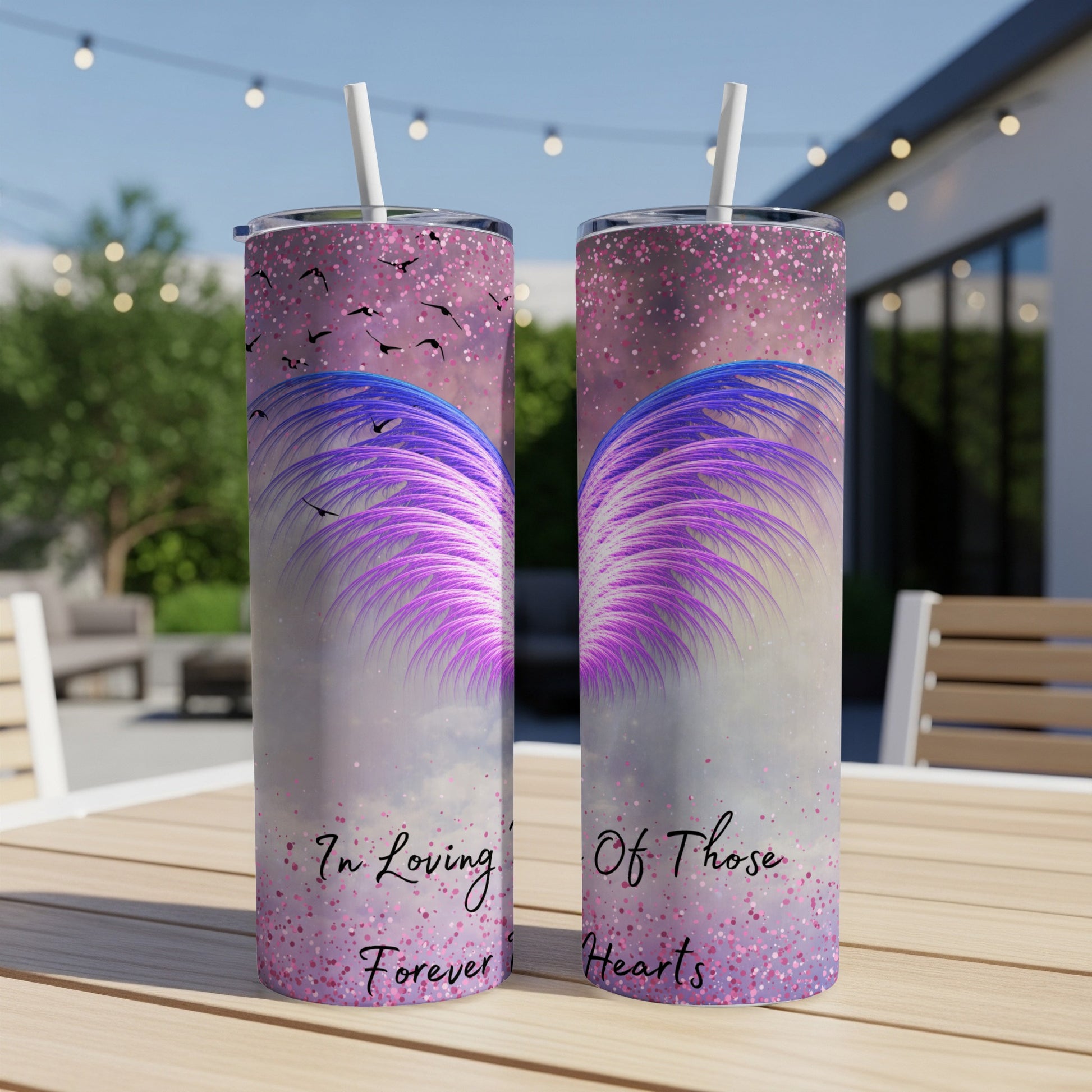 Two tumblers with purple feather design and "In Loving Memory Of Those Forever Hearts" text.