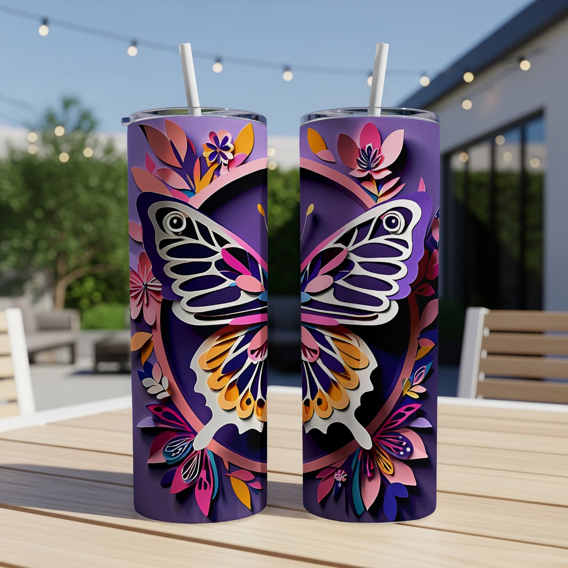 Two purple tumblers featuring colorful butterfly and floral paper-cut designs.