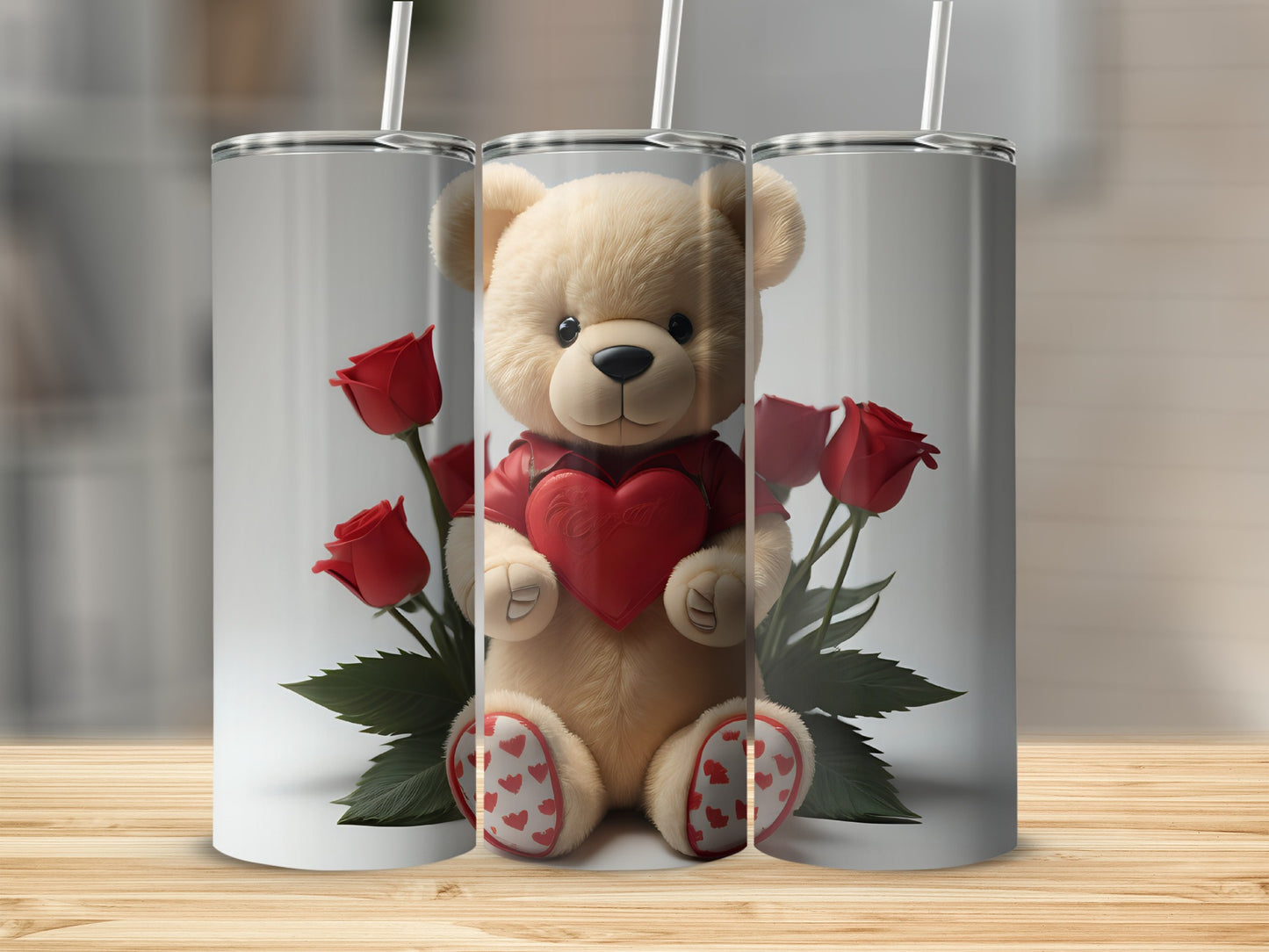 Cute Teddy Bear with Roses Design Drink Tumbler