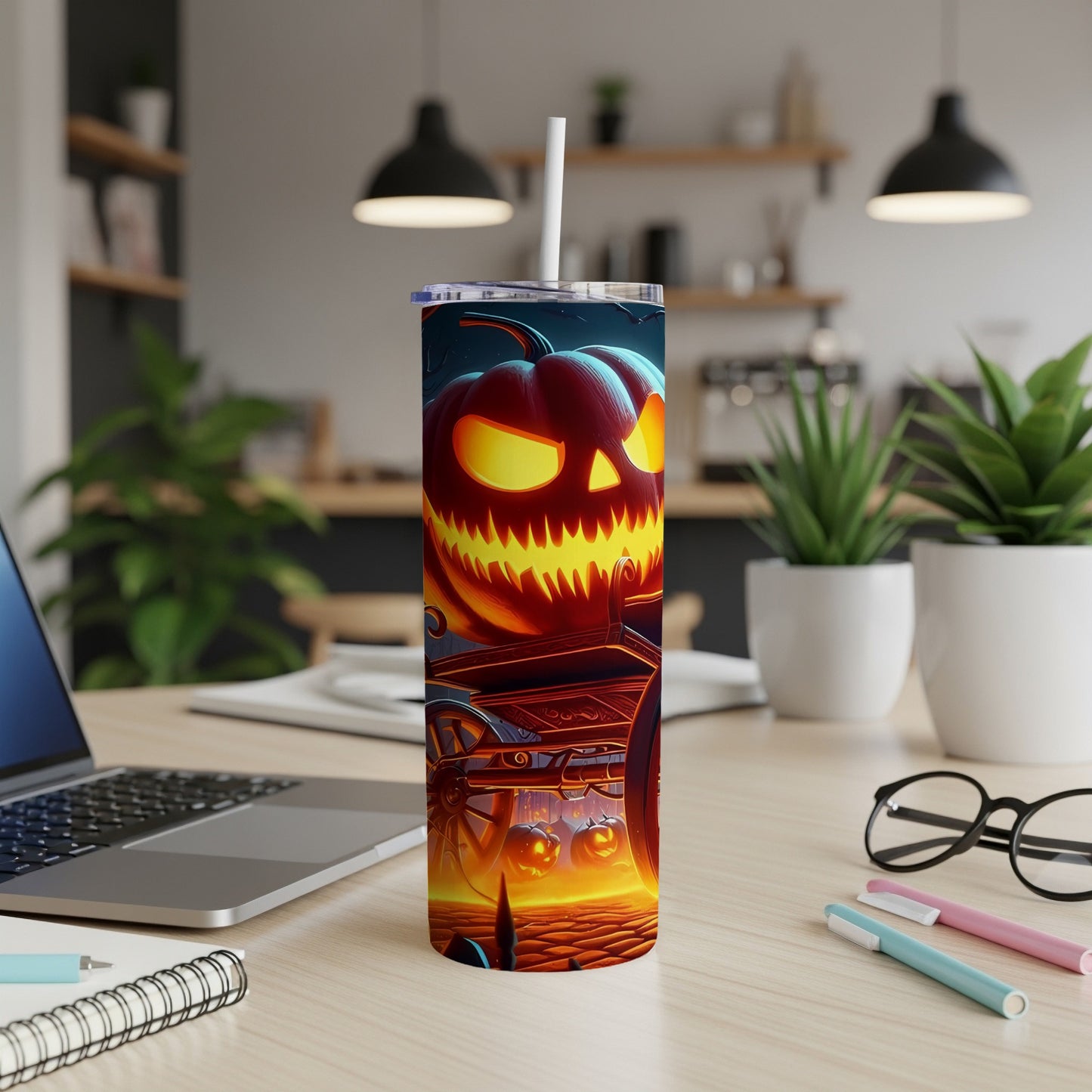 Tumbler with a glowing jack-o'-lantern and spooky scene.