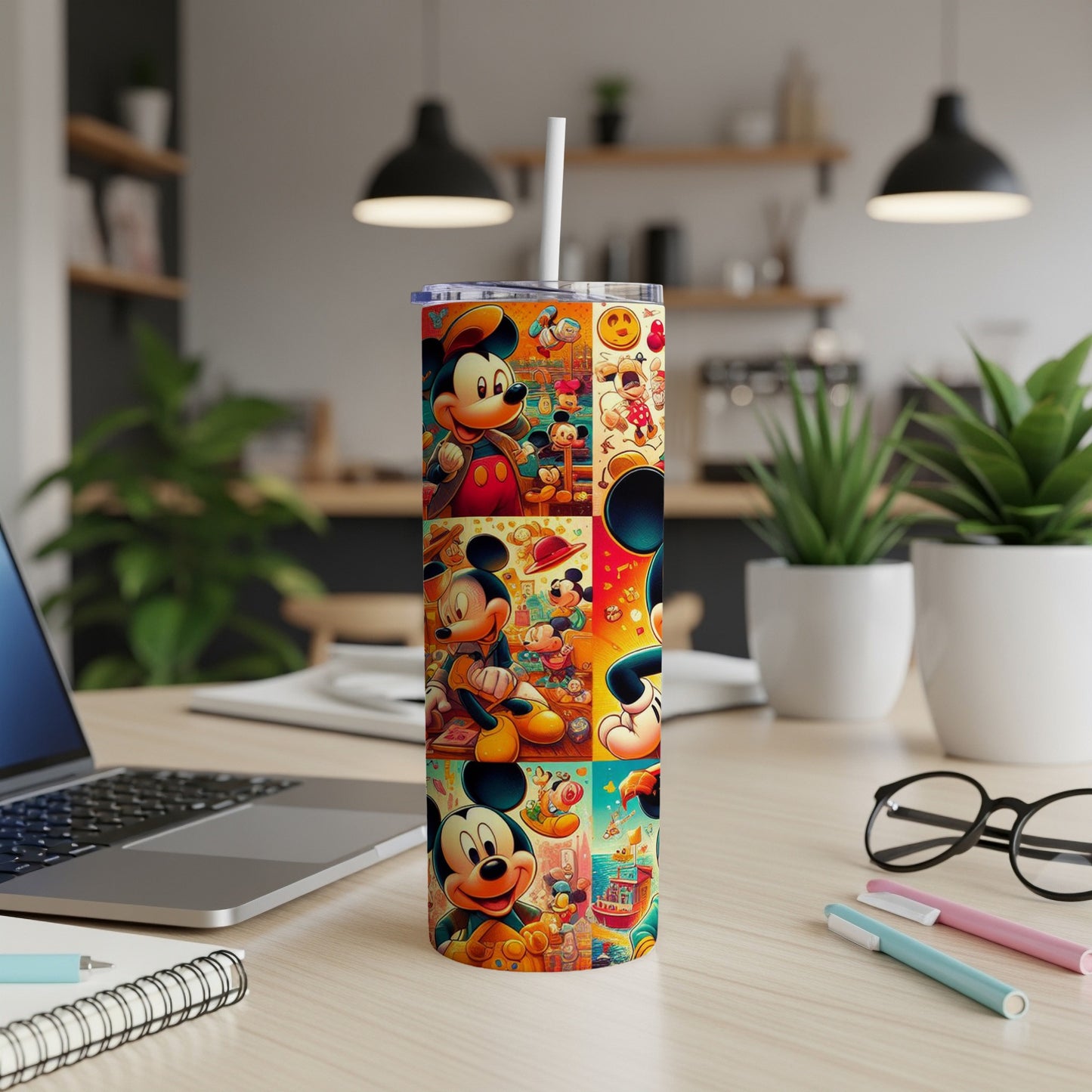 Mickey Mouse collage on a tall tumbler, on a desk with a laptop.