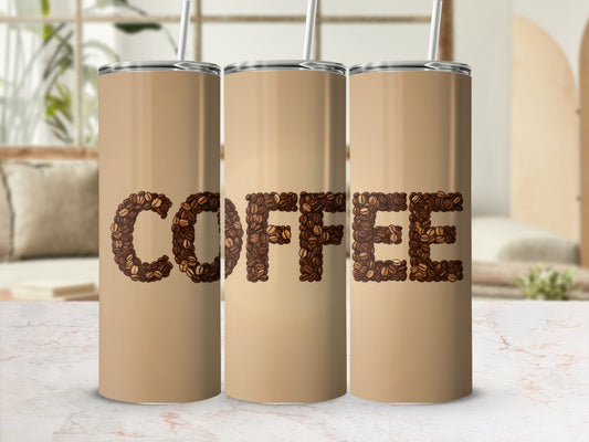 Three tall, brown tumblers with "COFFEE" spelled out in coffee beans.