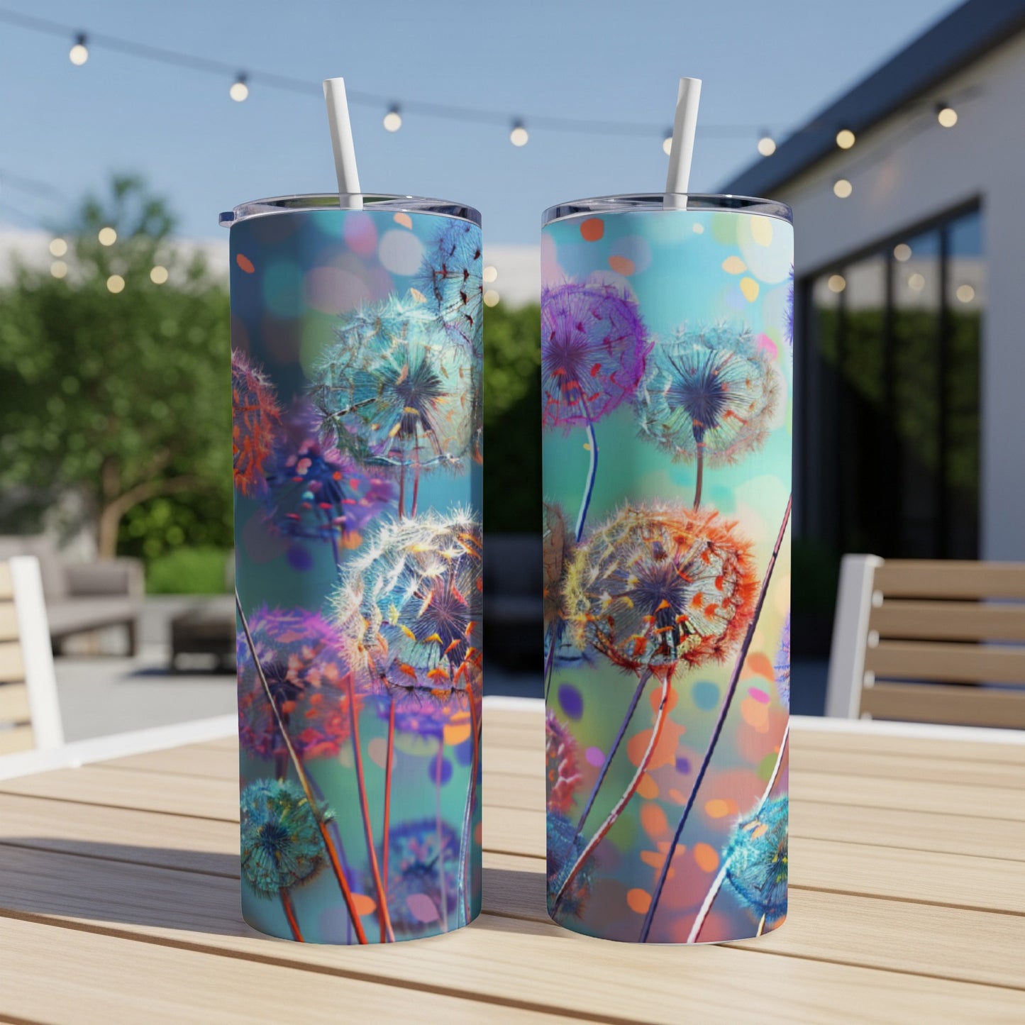 Two tumblers with colorful dandelion seed heads against a bokeh background.