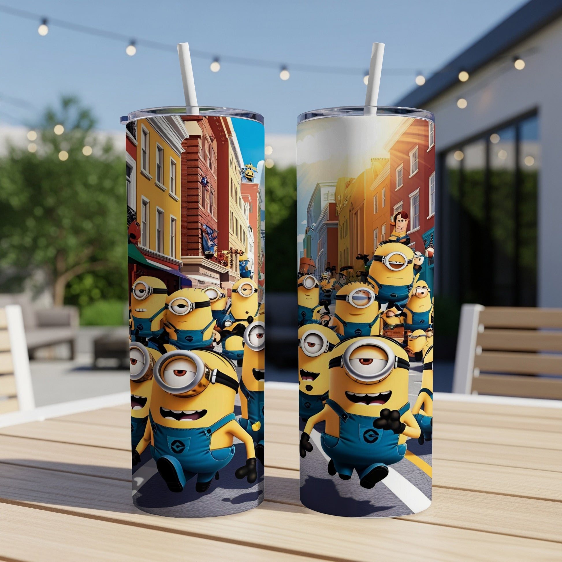Minions running through a city street on two identical tumblers.