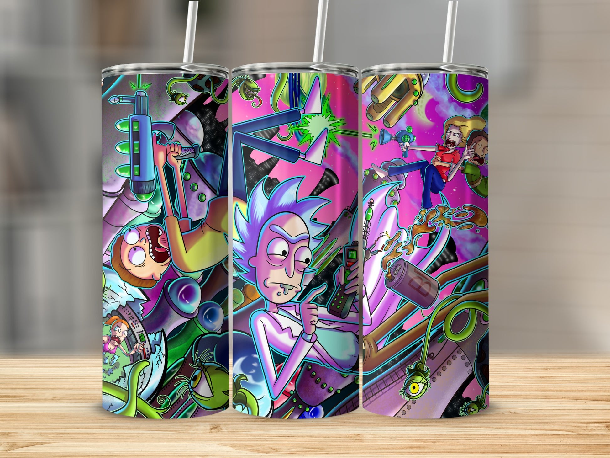 Rick and Morty characters on three tumblers, with colorful science fiction background.