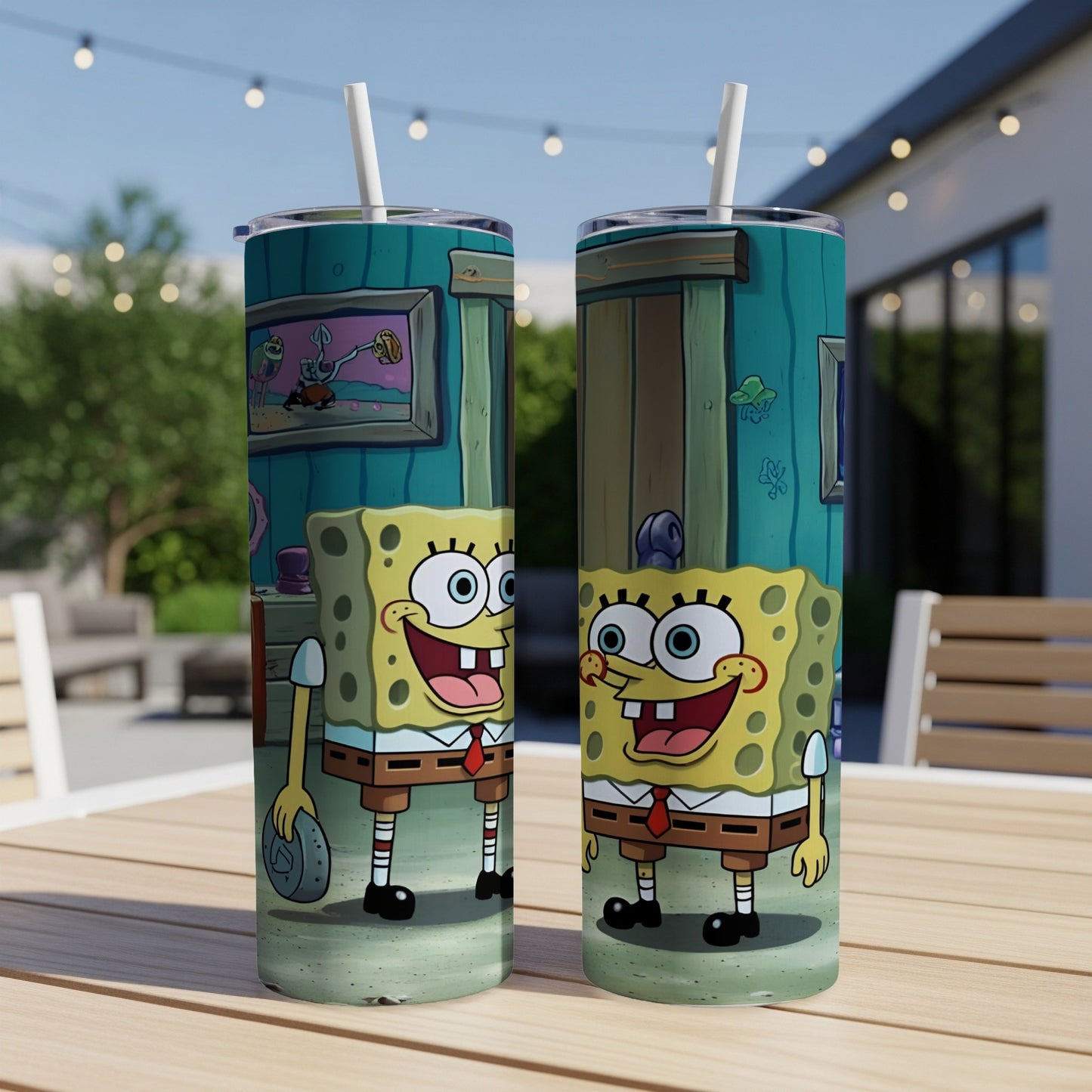 SpongeBob SquarePants on a blue tumbler with a straw, cartoon background.