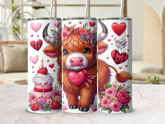 Valentine's Day Highland cow with hearts, cake, and flowers.