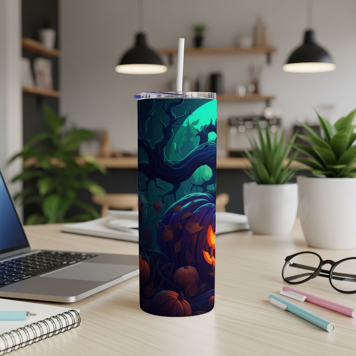 Tall tumbler with a spooky Halloween forest and jack-o'-lanterns design.