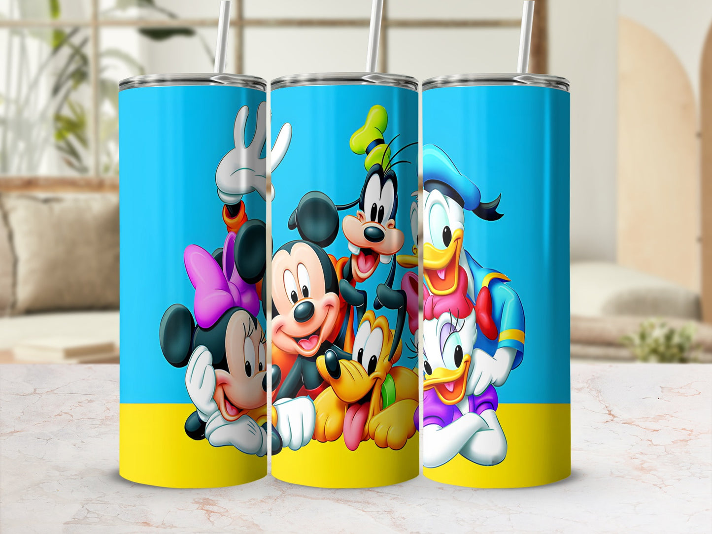 Disney characters Mickey Mouse, Minnie Mouse, Pluto, Goofy, and Donald Duck on a blue and yellow tumbler.
