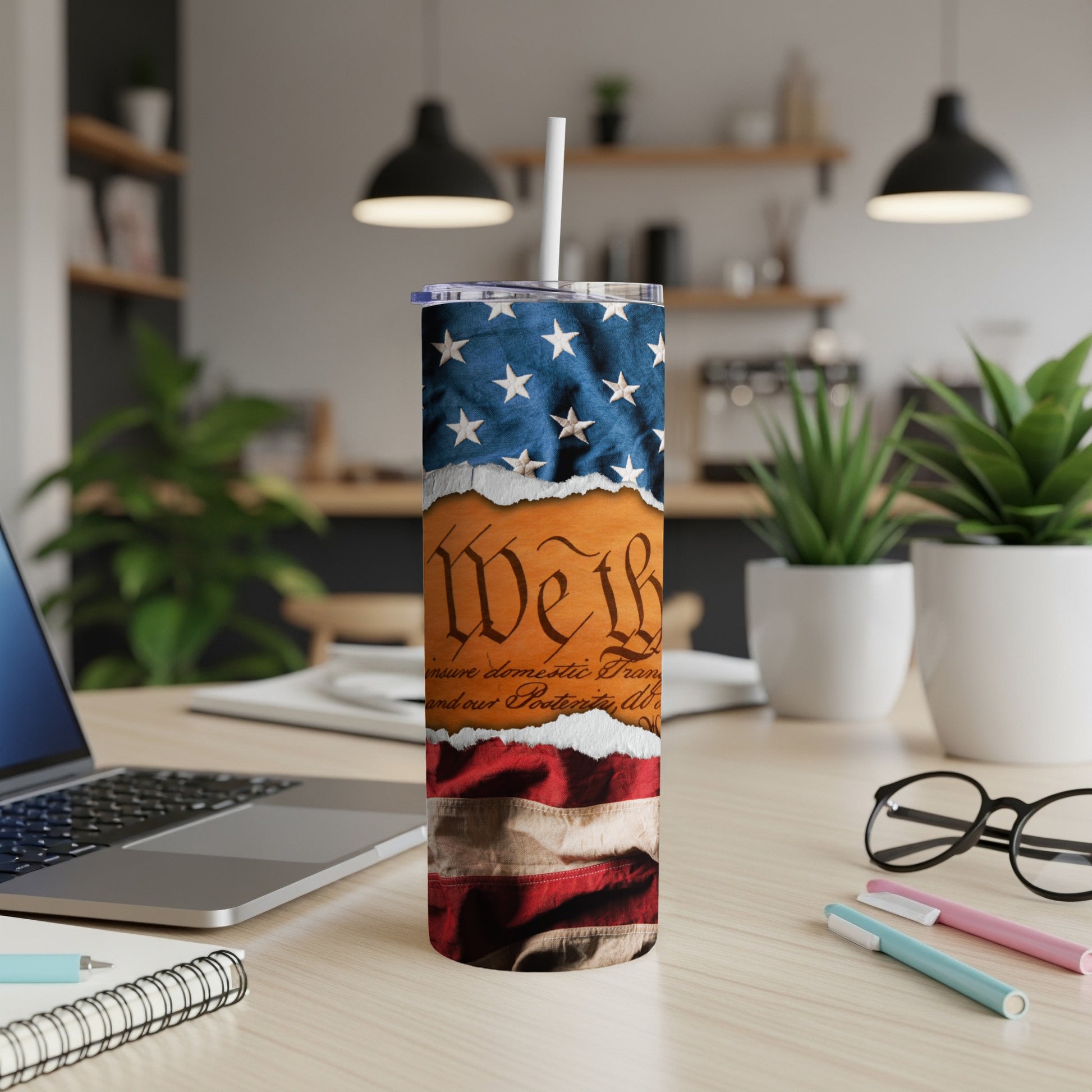 Tumbler with US flag and "We the People" preamble text.