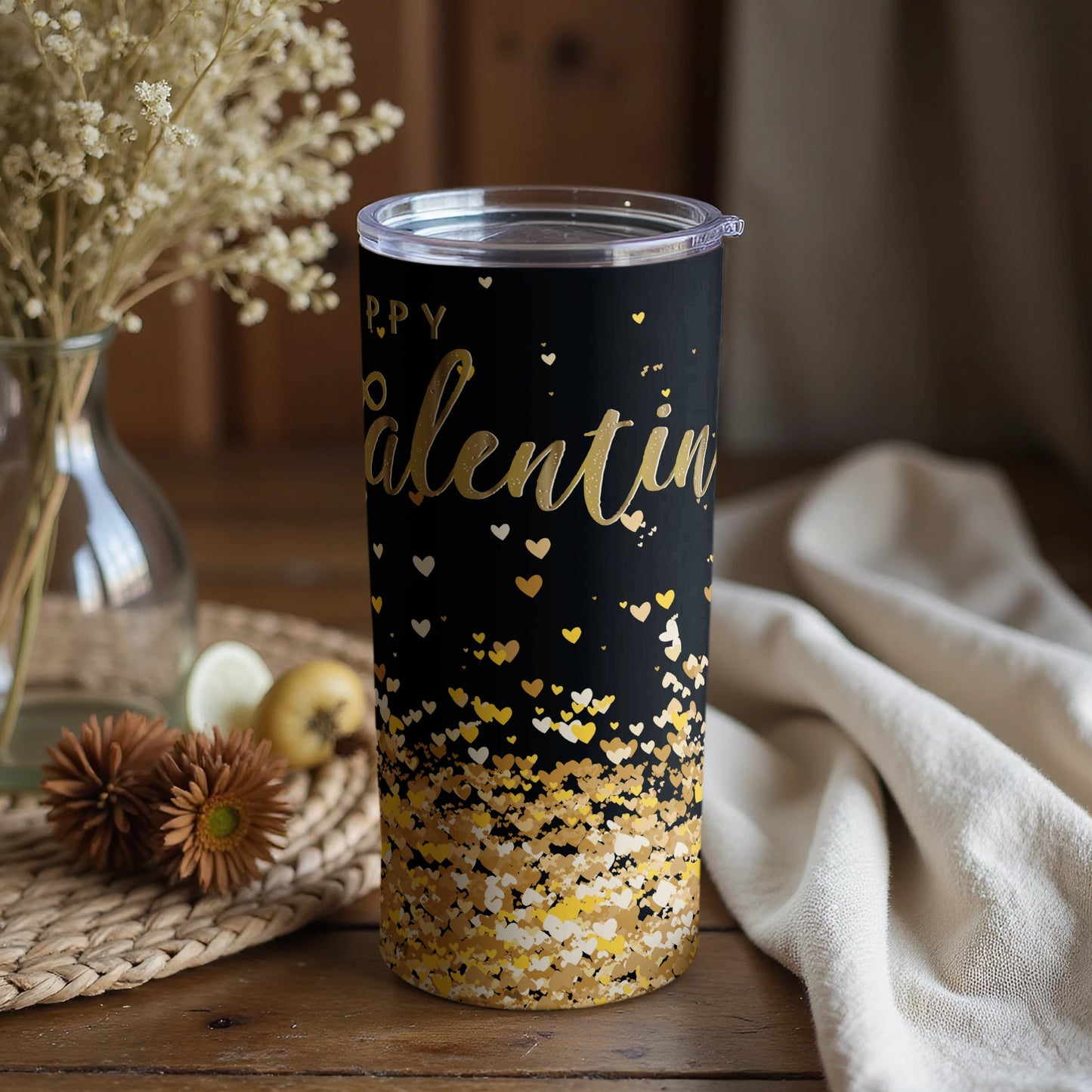 Gold Heart Covered Valentine's Day Tumbler with Lid