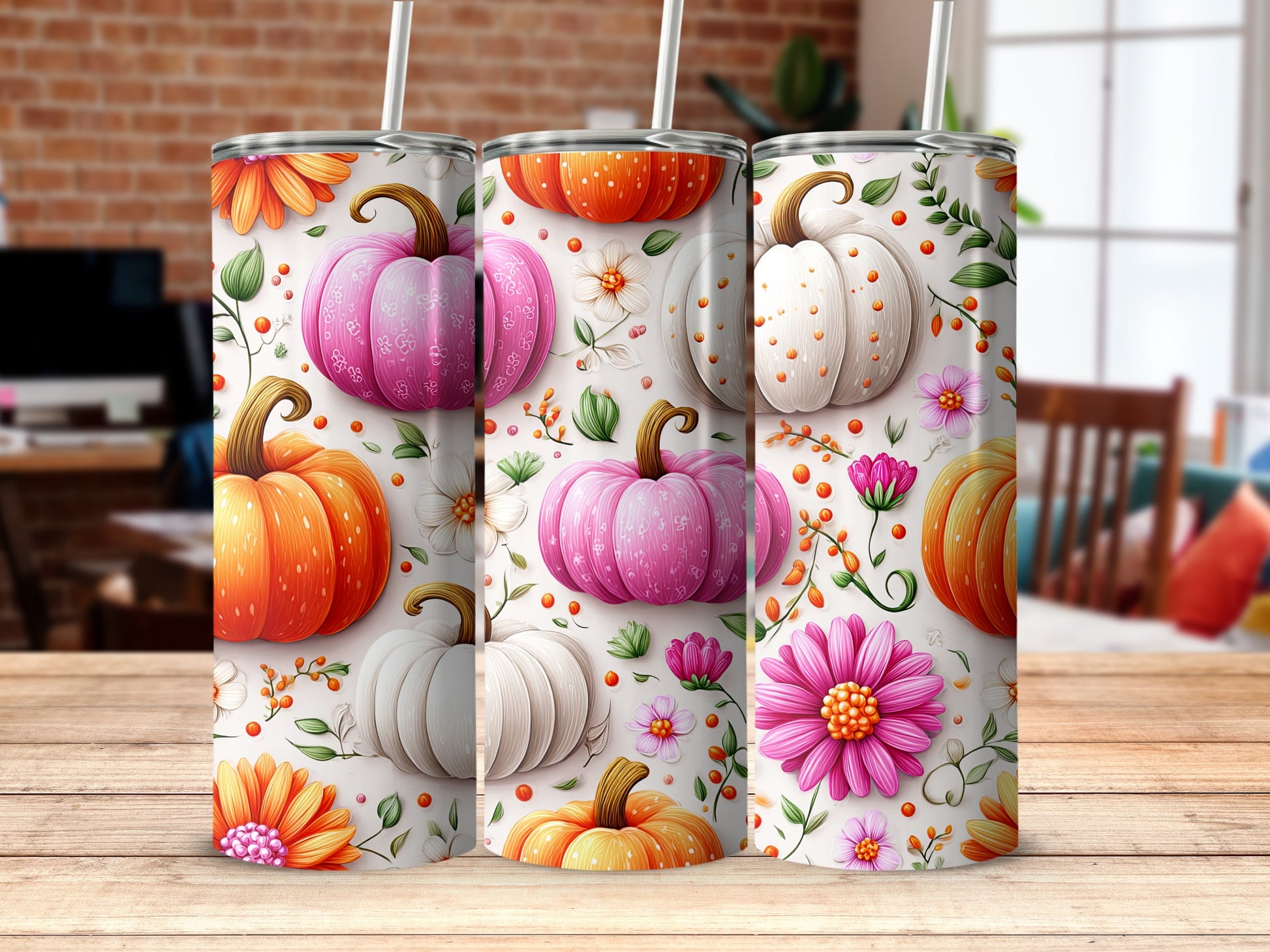 Bright and Colorful Pumpkin Flower Design Tumbler