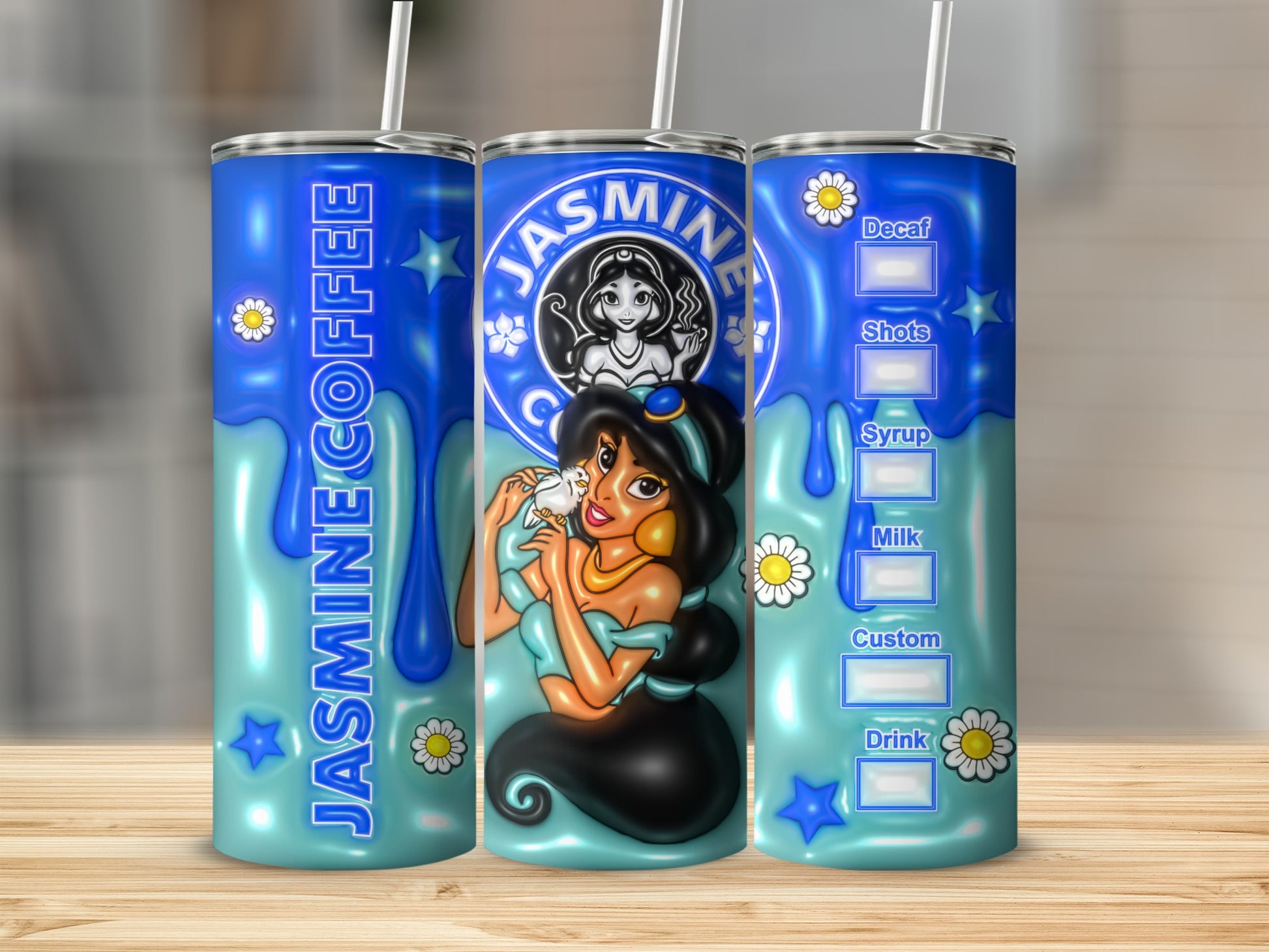 Custom Jasmine Coffee Design Tumbler with Straw