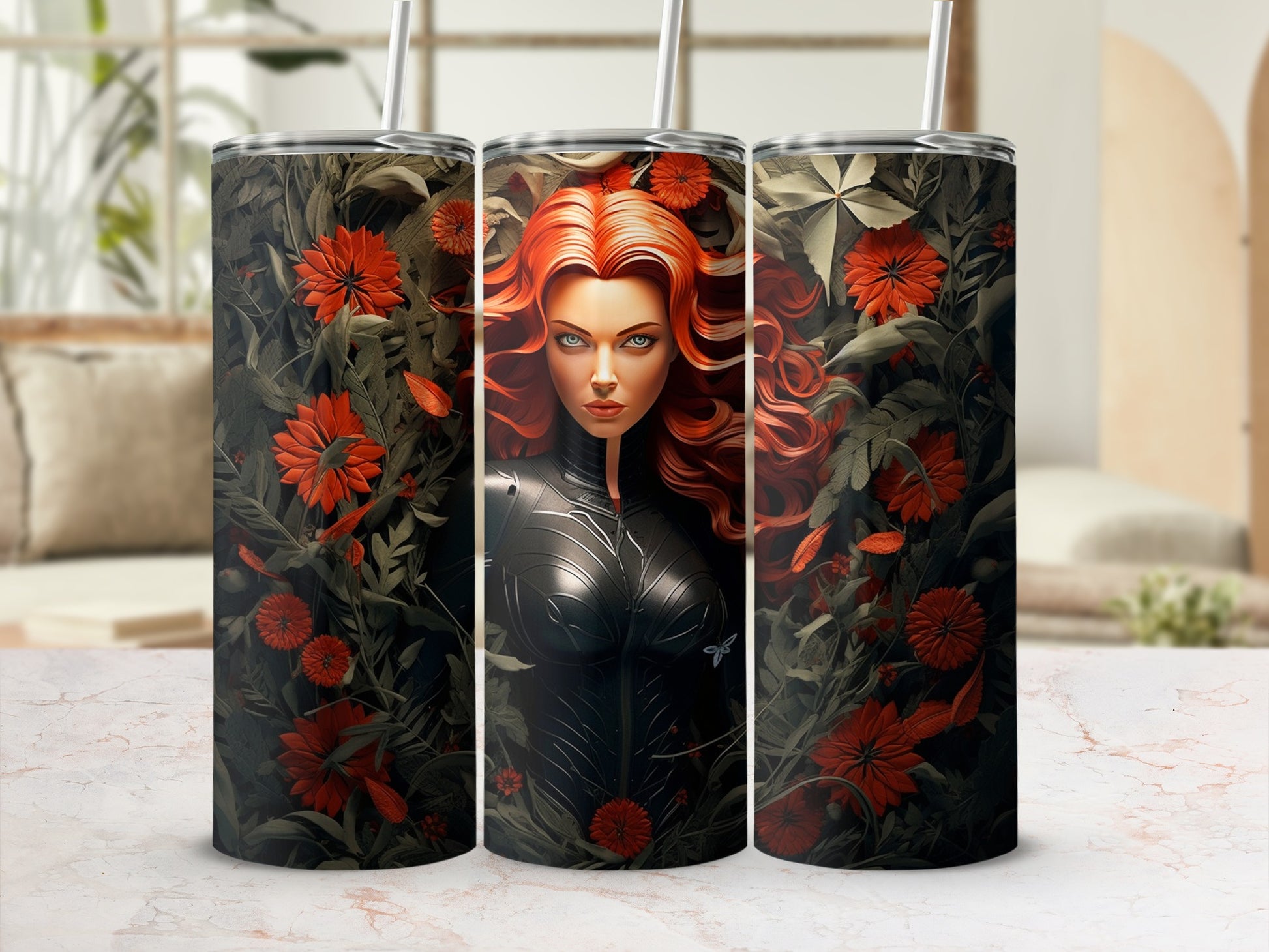 Red Haired Hero Floral Art on Three Tumblers Set