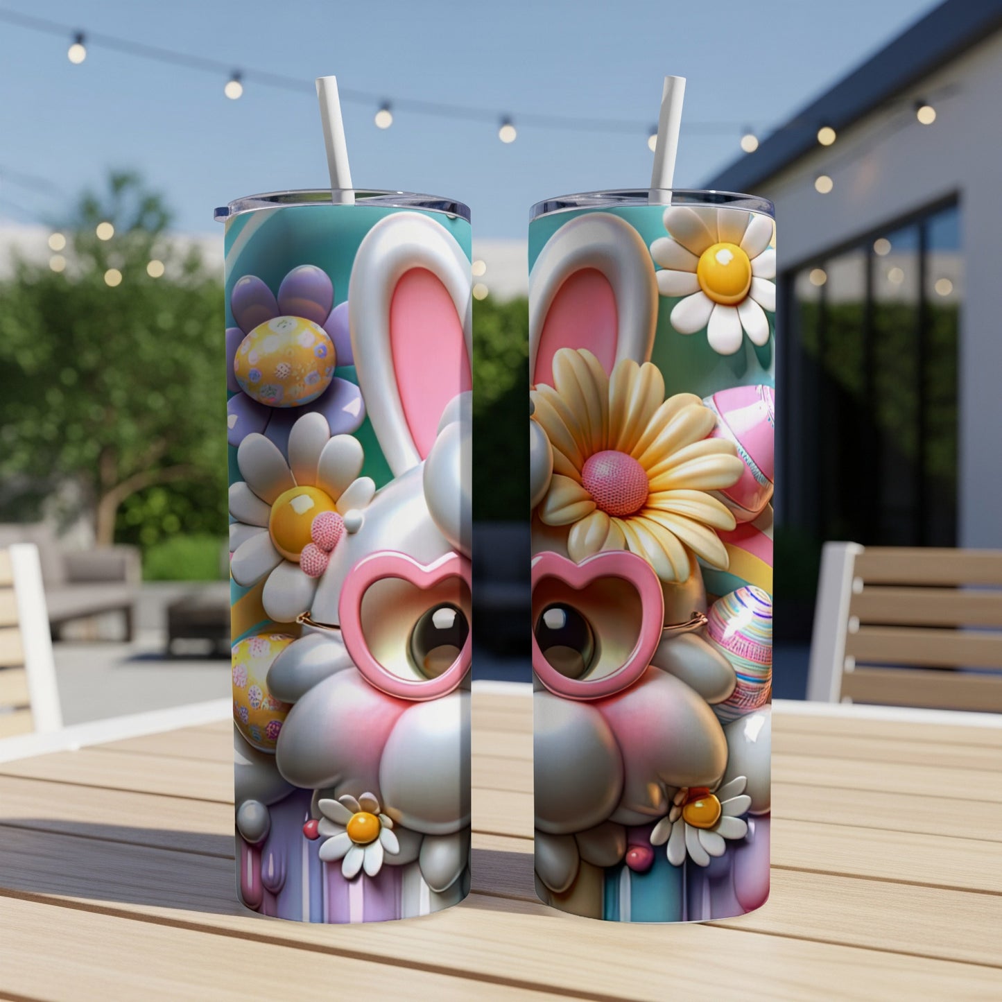Easter bunny tumbler with pink heart glasses and flowers.