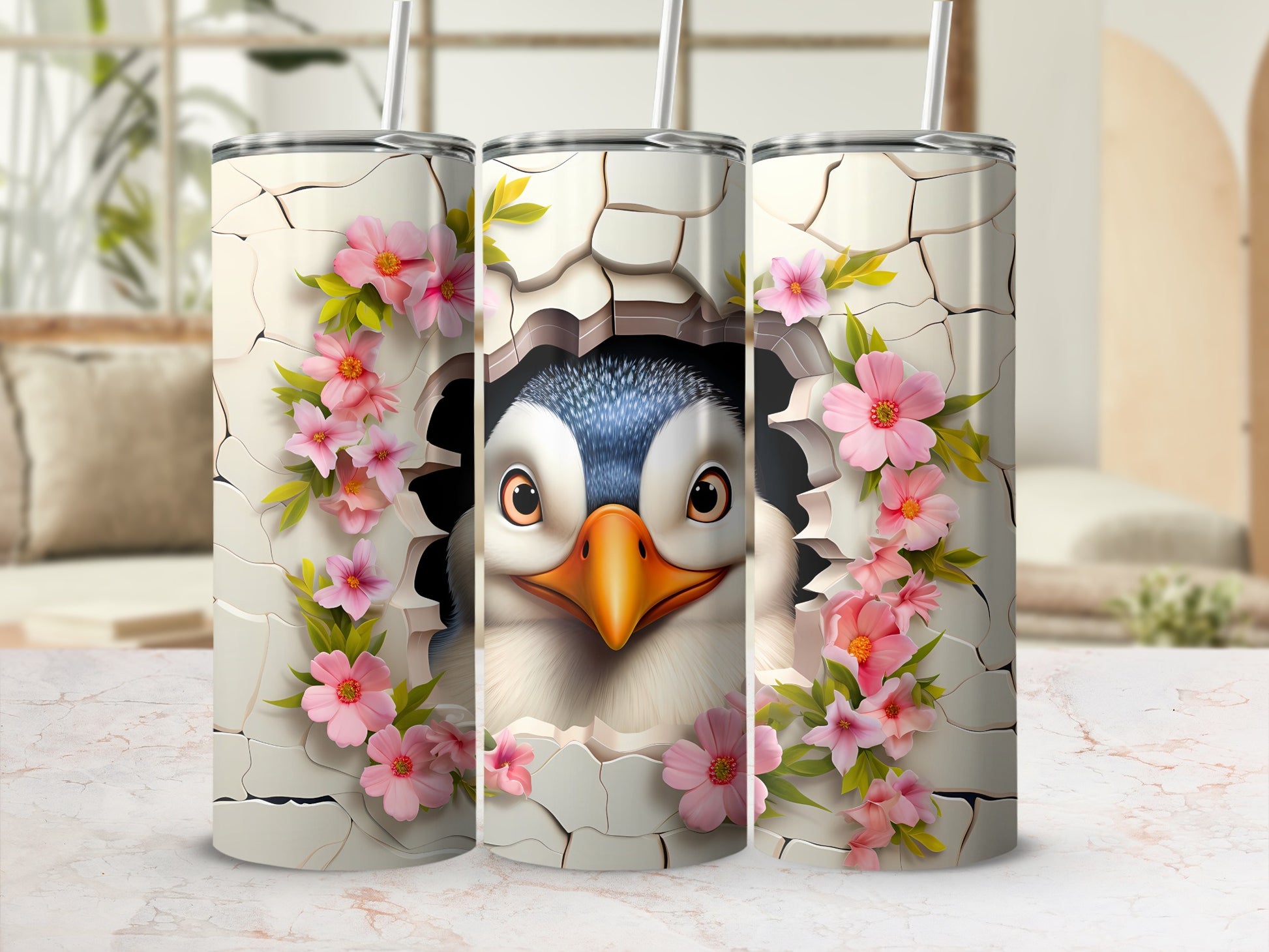 Cute Penguin Peeking Cracked Wall Pink Flowers Tumbler product type