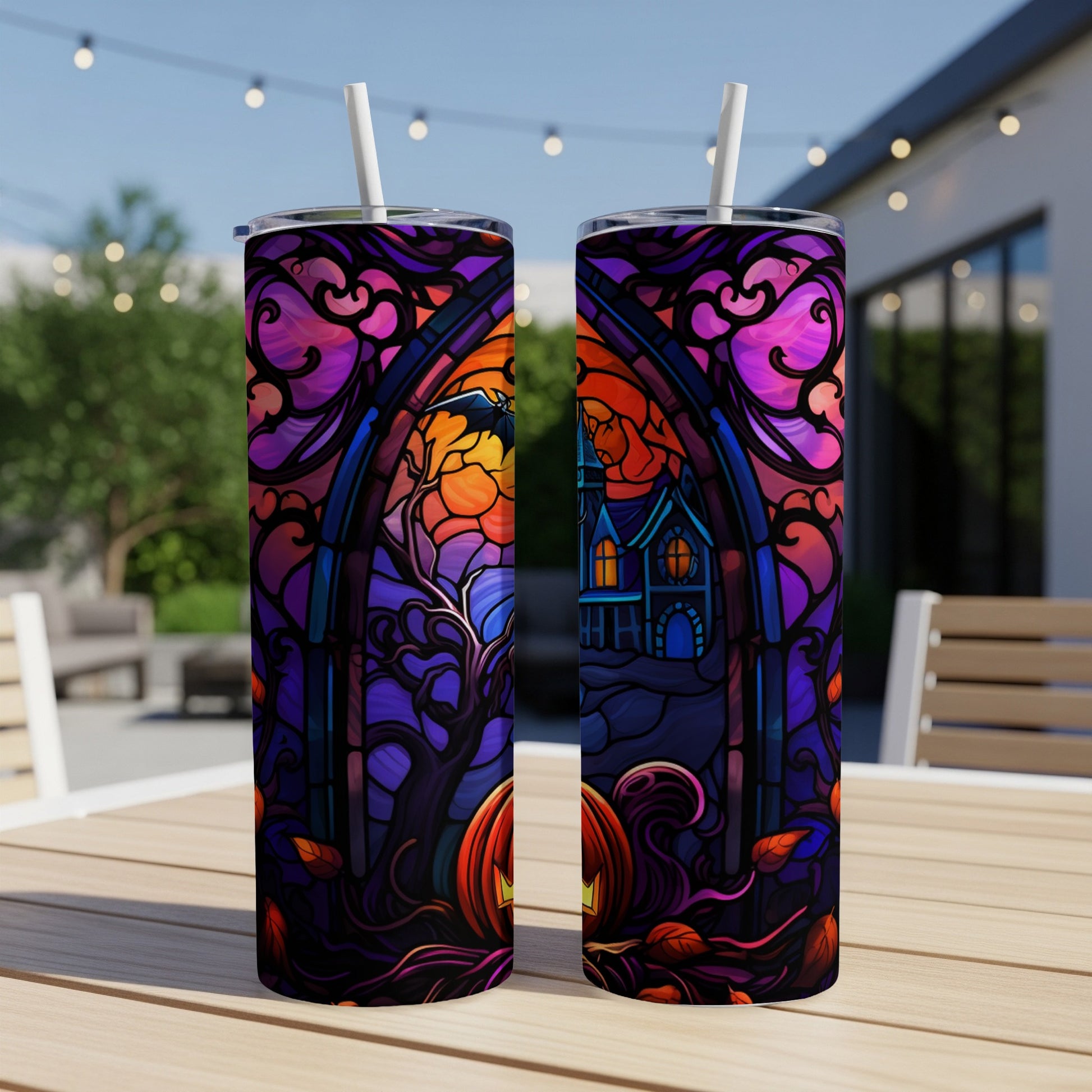 Halloween stained glass tumbler featuring haunted house, pumpkin, and moon.