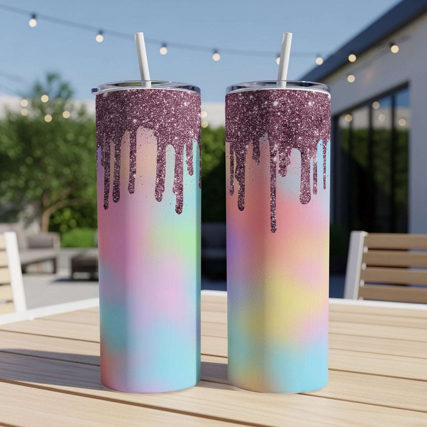 Two tumblers with a glitter drip design and pastel tie-dye pattern.