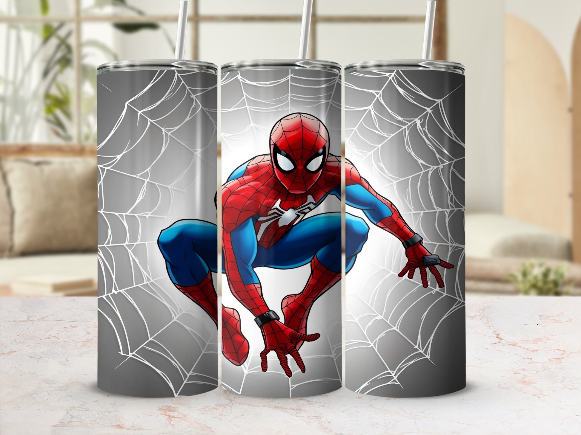 Spiderman in web-slinging pose on a grey tumbler with a white web background.