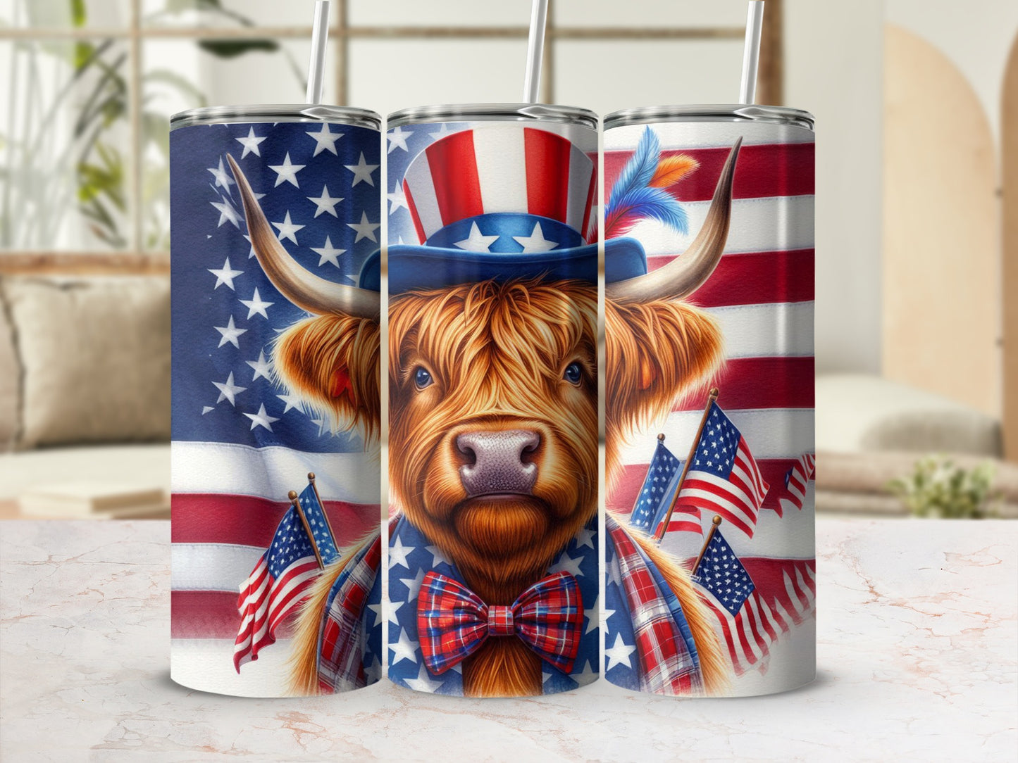 Highland cow in patriotic hat and bowtie with American flags.