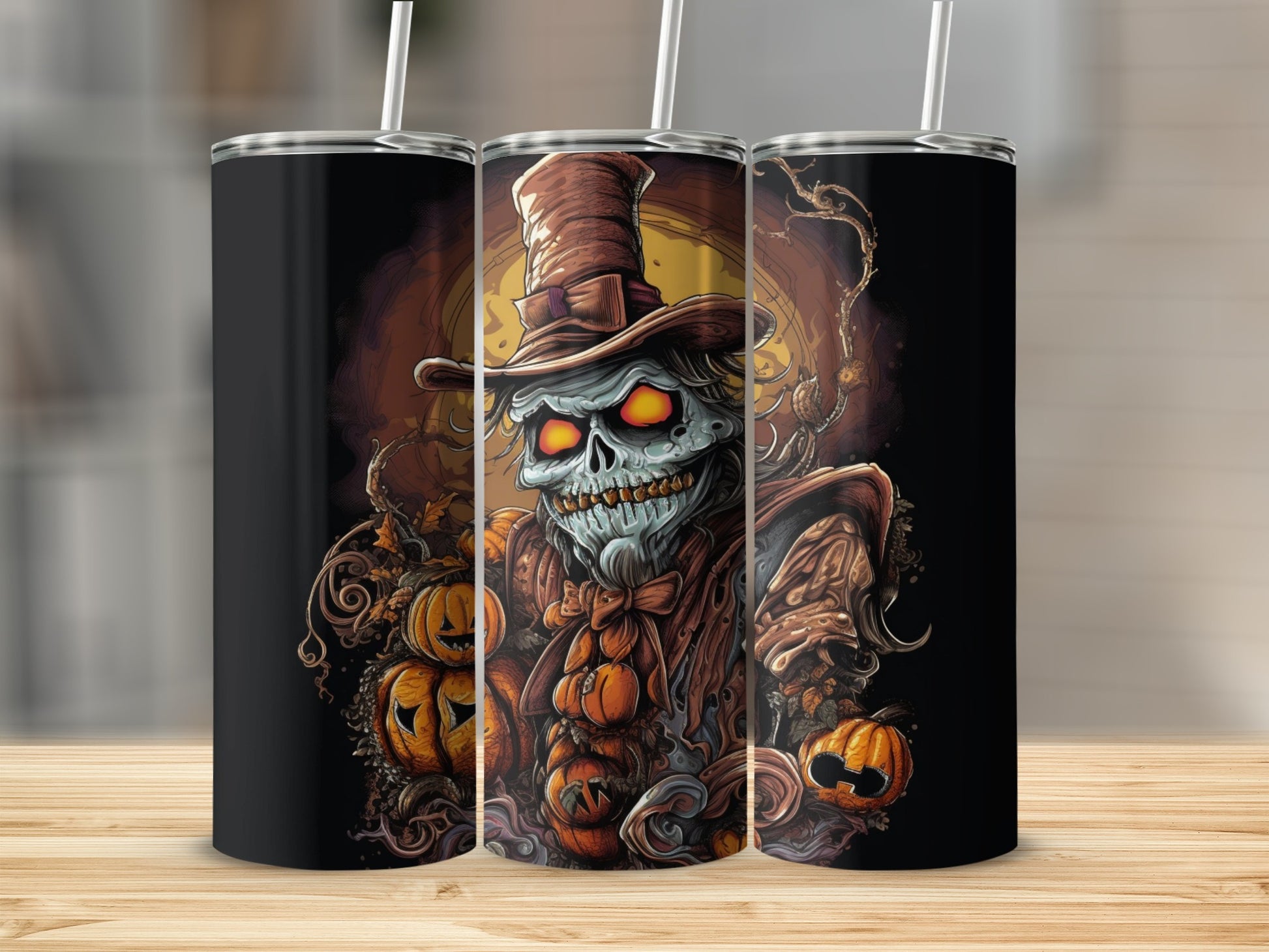 Three tumblers featuring a scary scarecrow and pumpkins, with Halloween theme.