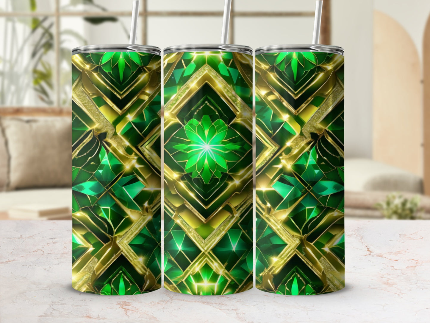 Green and gold geometric tumbler with floral accent.