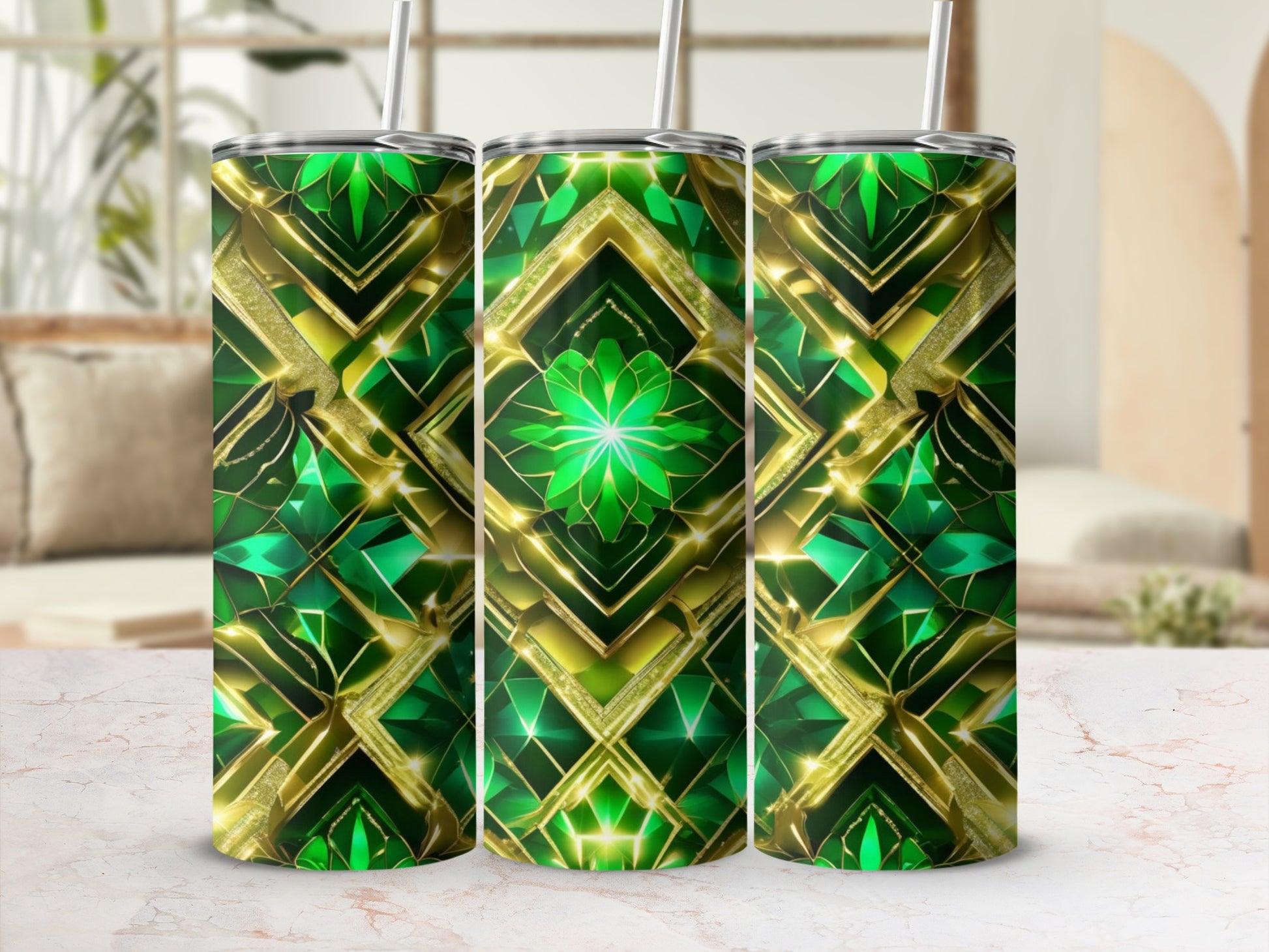 Green and gold geometric tumbler with floral accent.