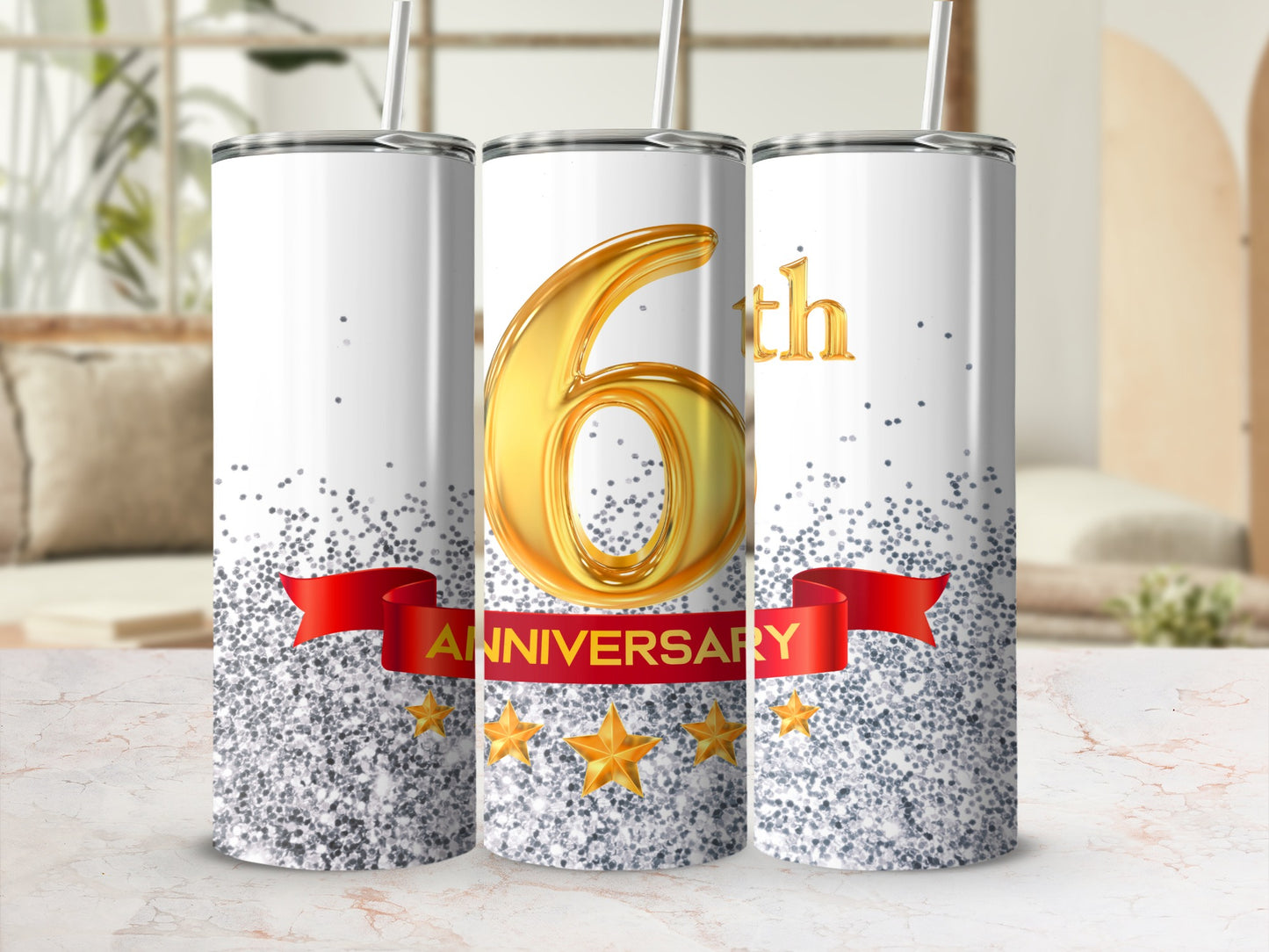 Tall tumbler with "6th Anniversary" and gold stars on glitter background.