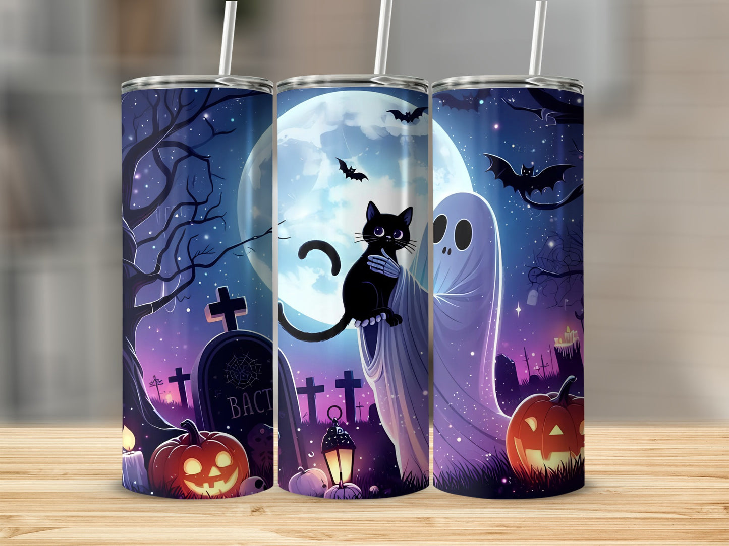 Halloween tumbler with black cat, ghost, pumpkins, bats, and graveyard scene.