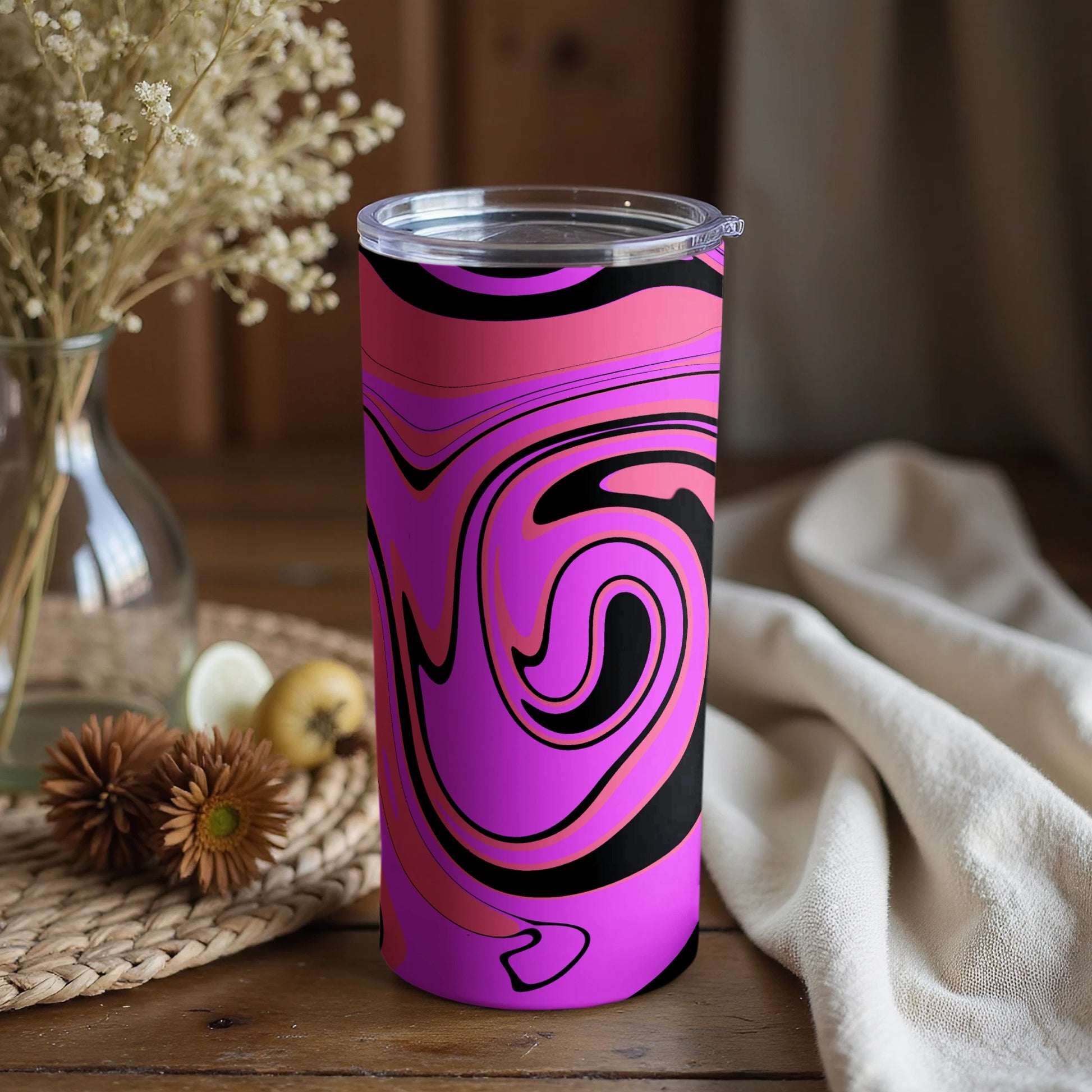 Vibrant Pink and Black Swirl Design Tumbler Cup
