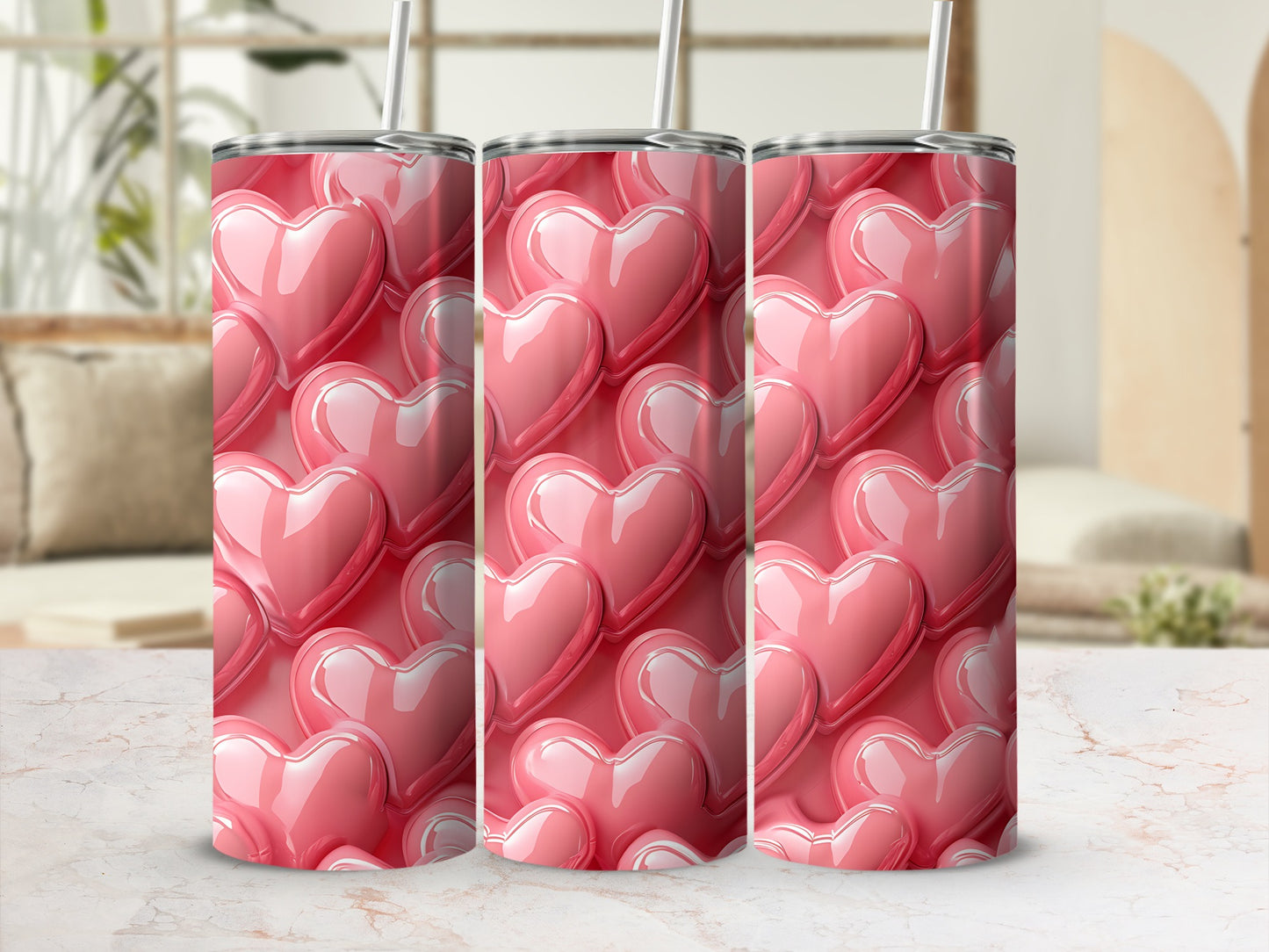 Glossy Pink 3D Hearts Pattern Tumbler product type