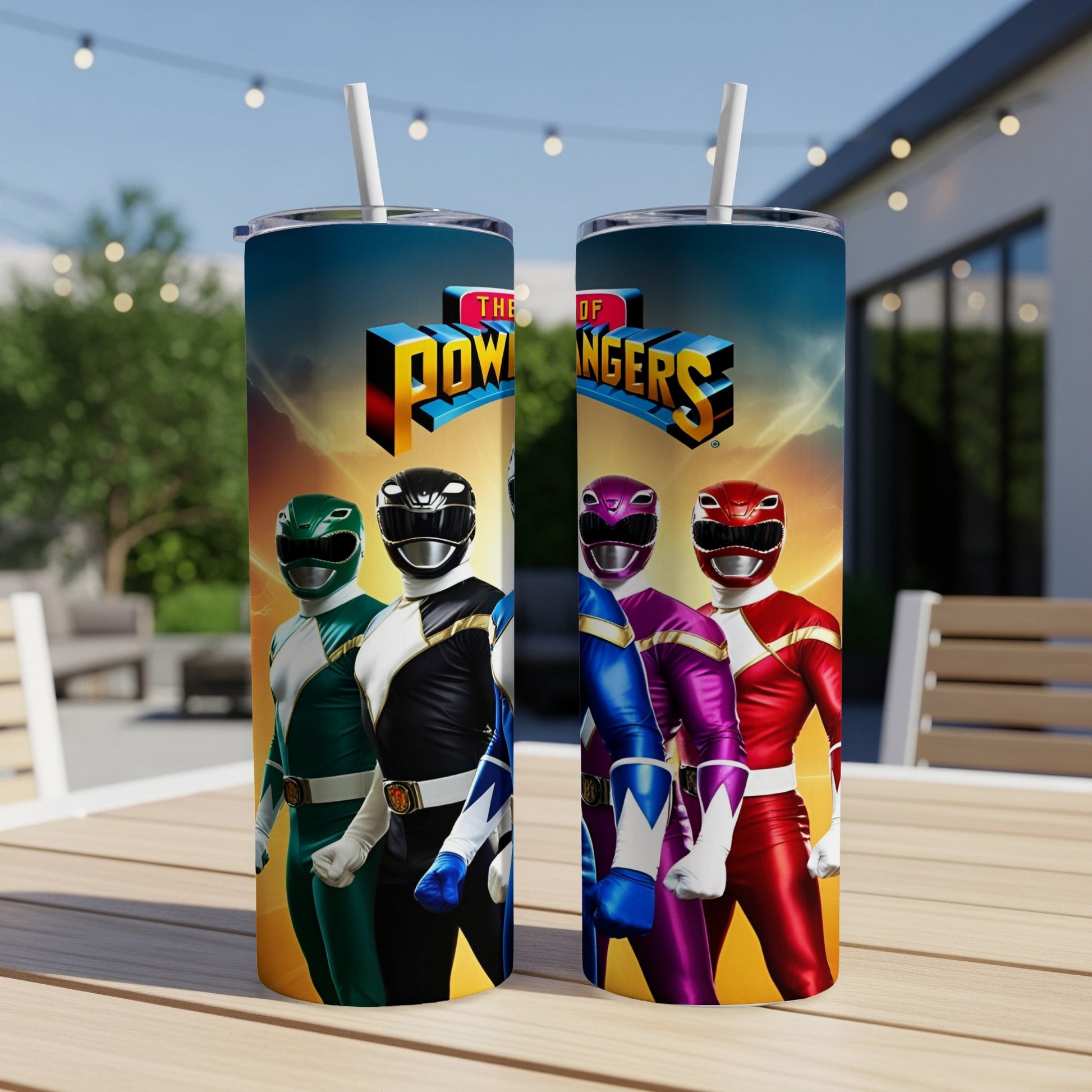 Power Rangers characters in full costume on a colorful, textured background.