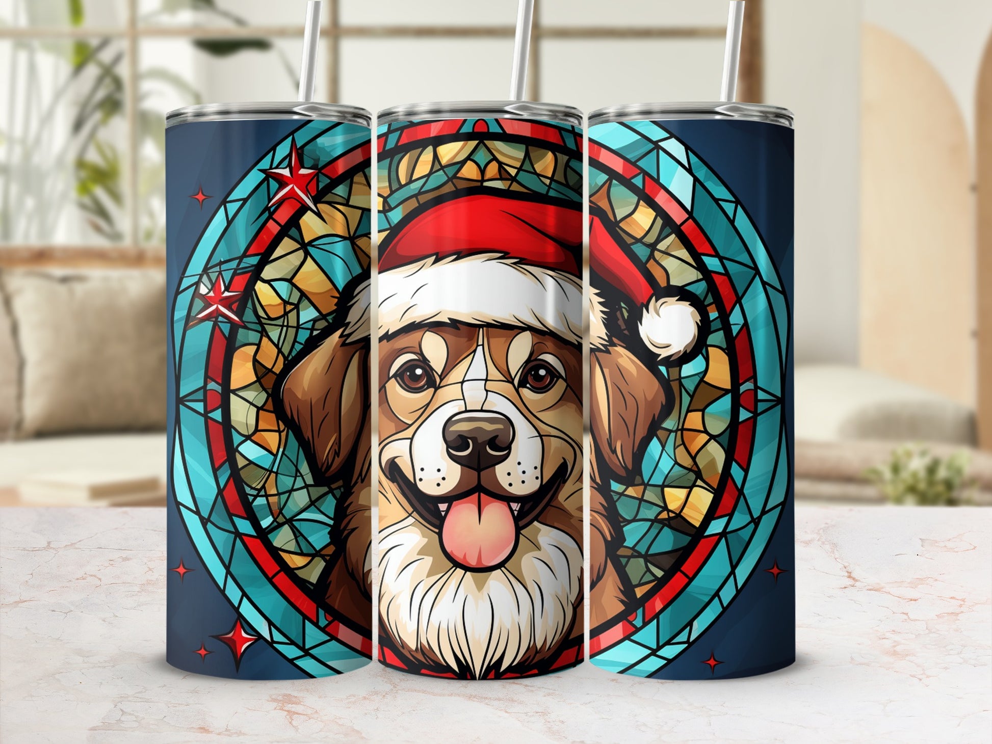 Dog wearing Santa hat with stained glass background on a tumbler.