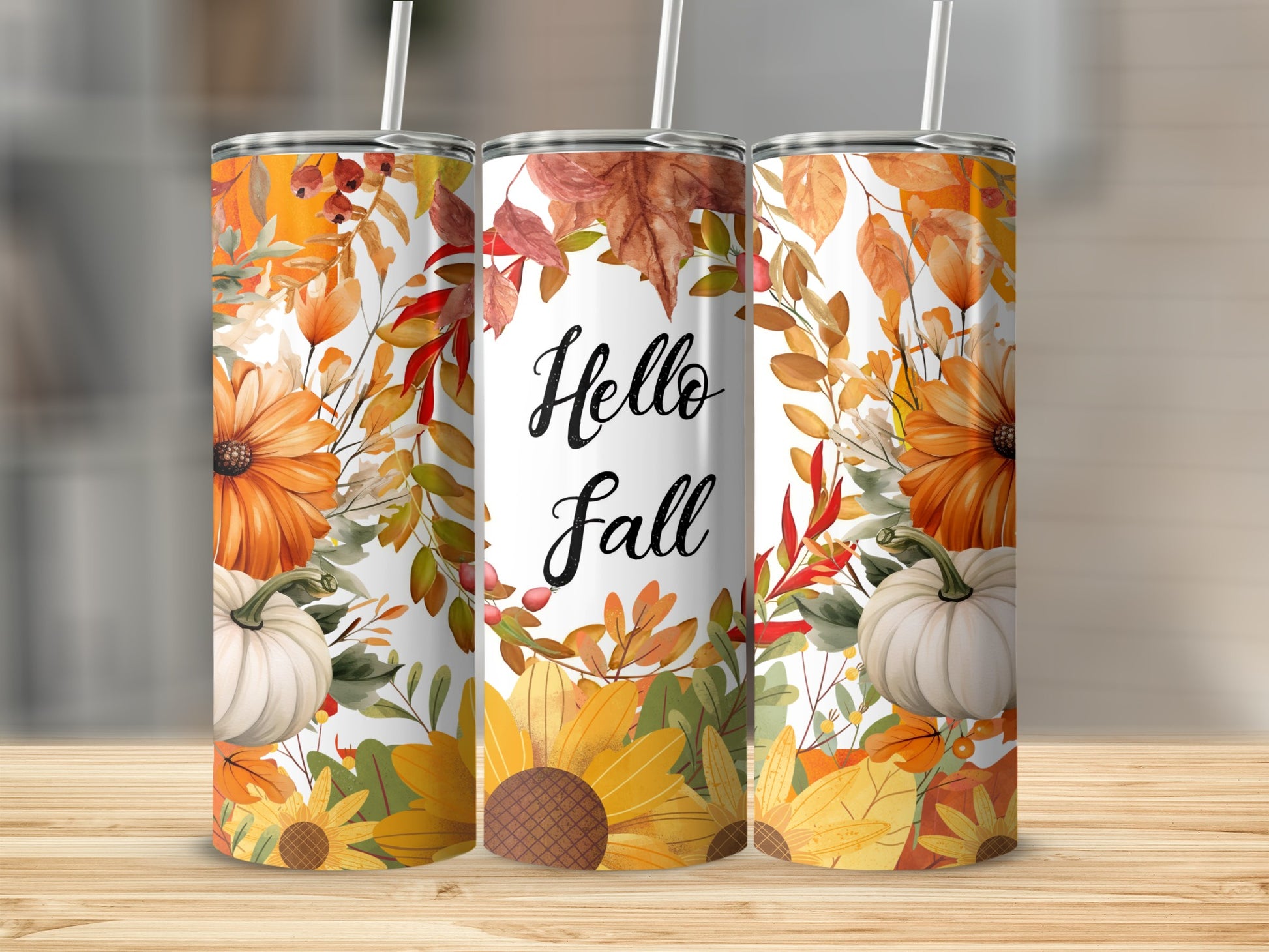 Hello Fall Floral and Pumpkin Insulated Tumbler