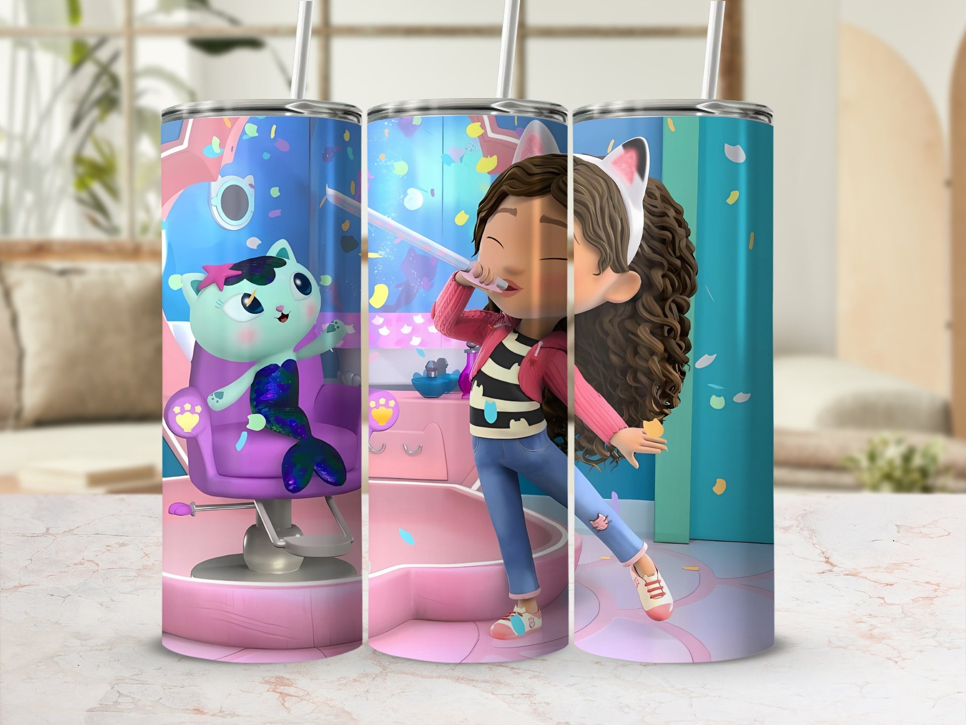 Cat Mermaid and Girl Spa Day Tumbler with Straw