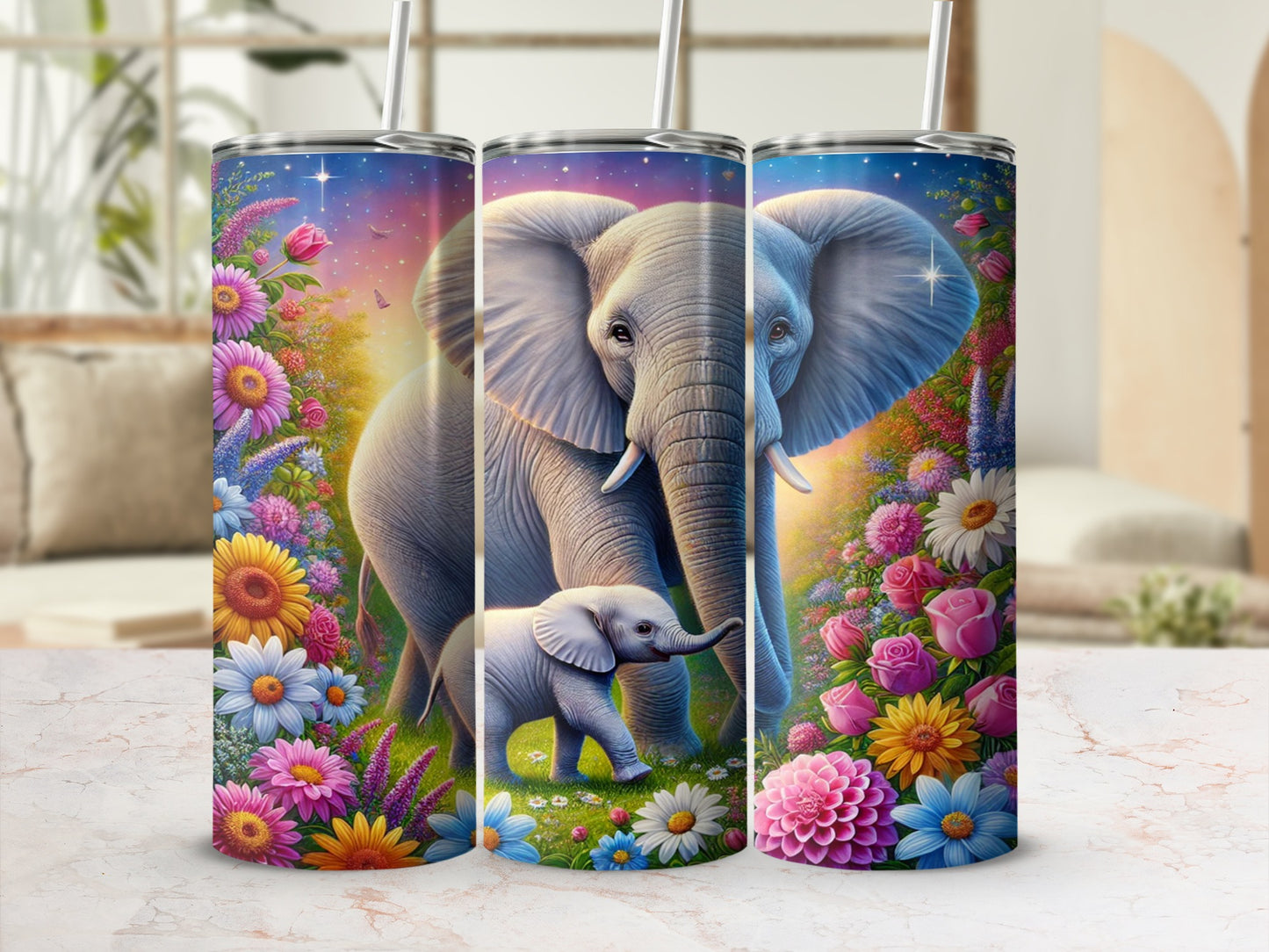 Vibrant Elephant and Floral Design Travel Tumbler