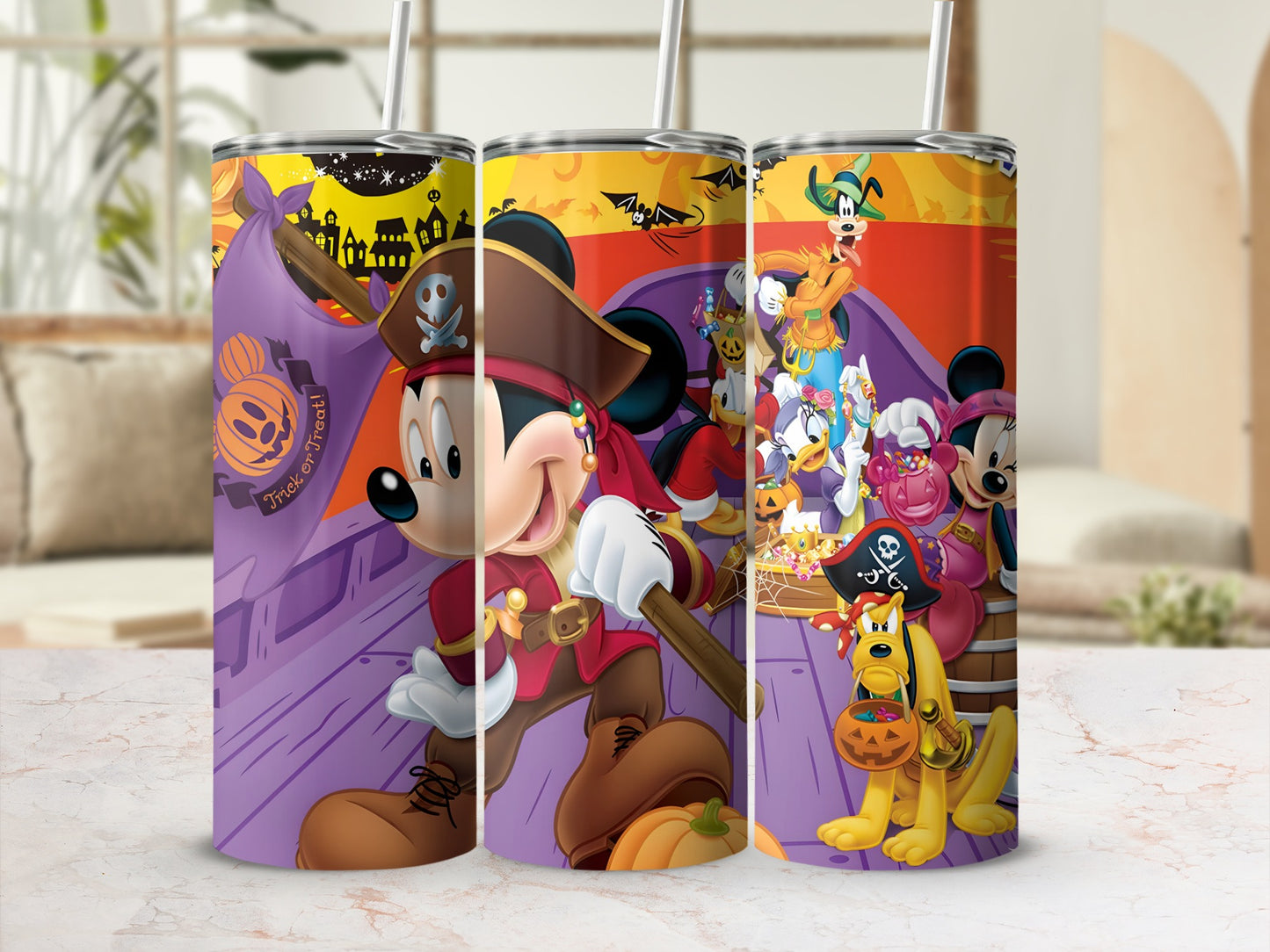 Mickey Mouse and friends in pirate costumes on a Halloween-themed tumbler.