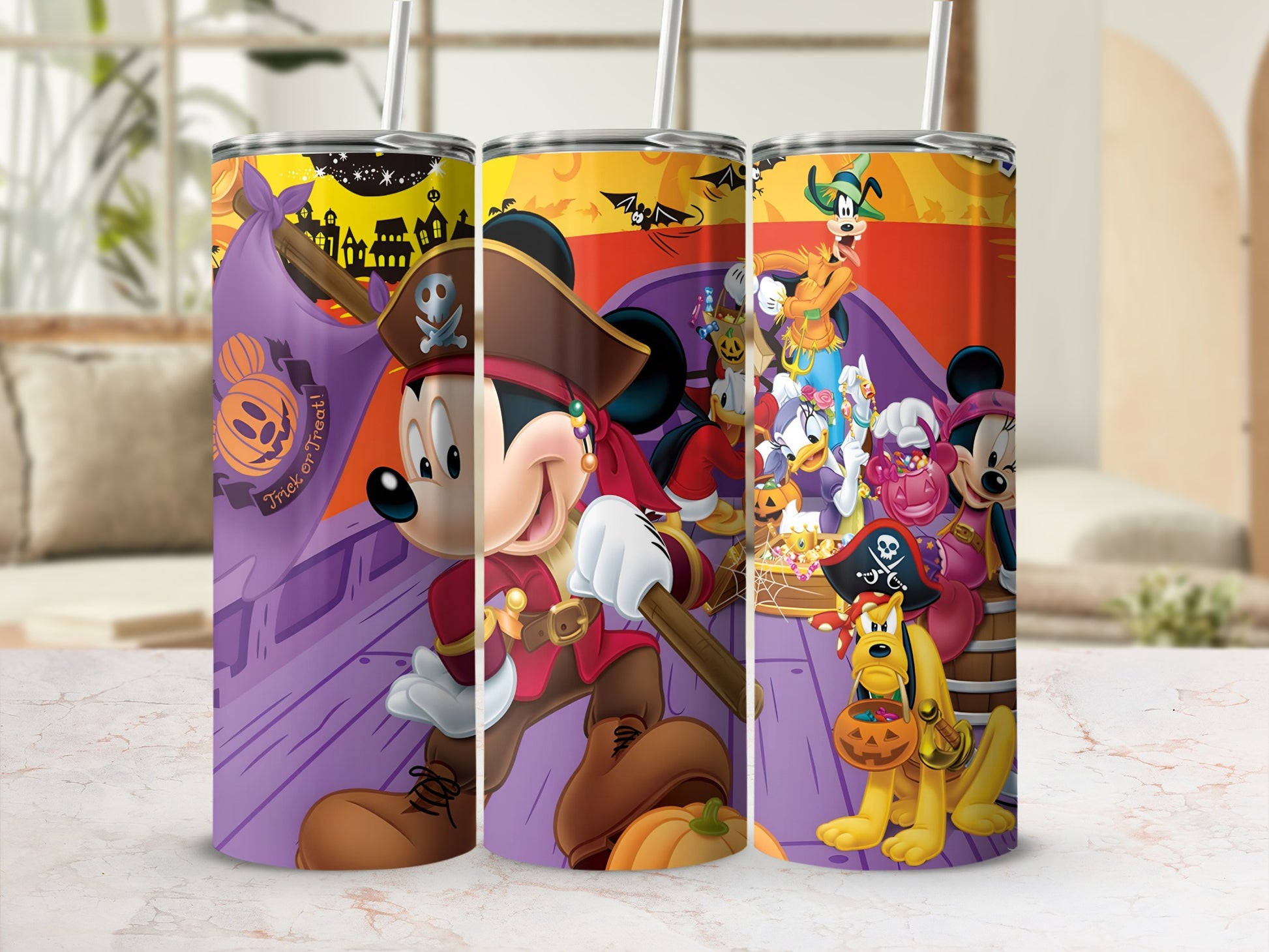 Mickey Mouse and friends in pirate costumes on a Halloween-themed tumbler.